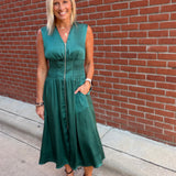 Deep Green Smocked Waist Zip Midi Dress Dresses DOE & RAE