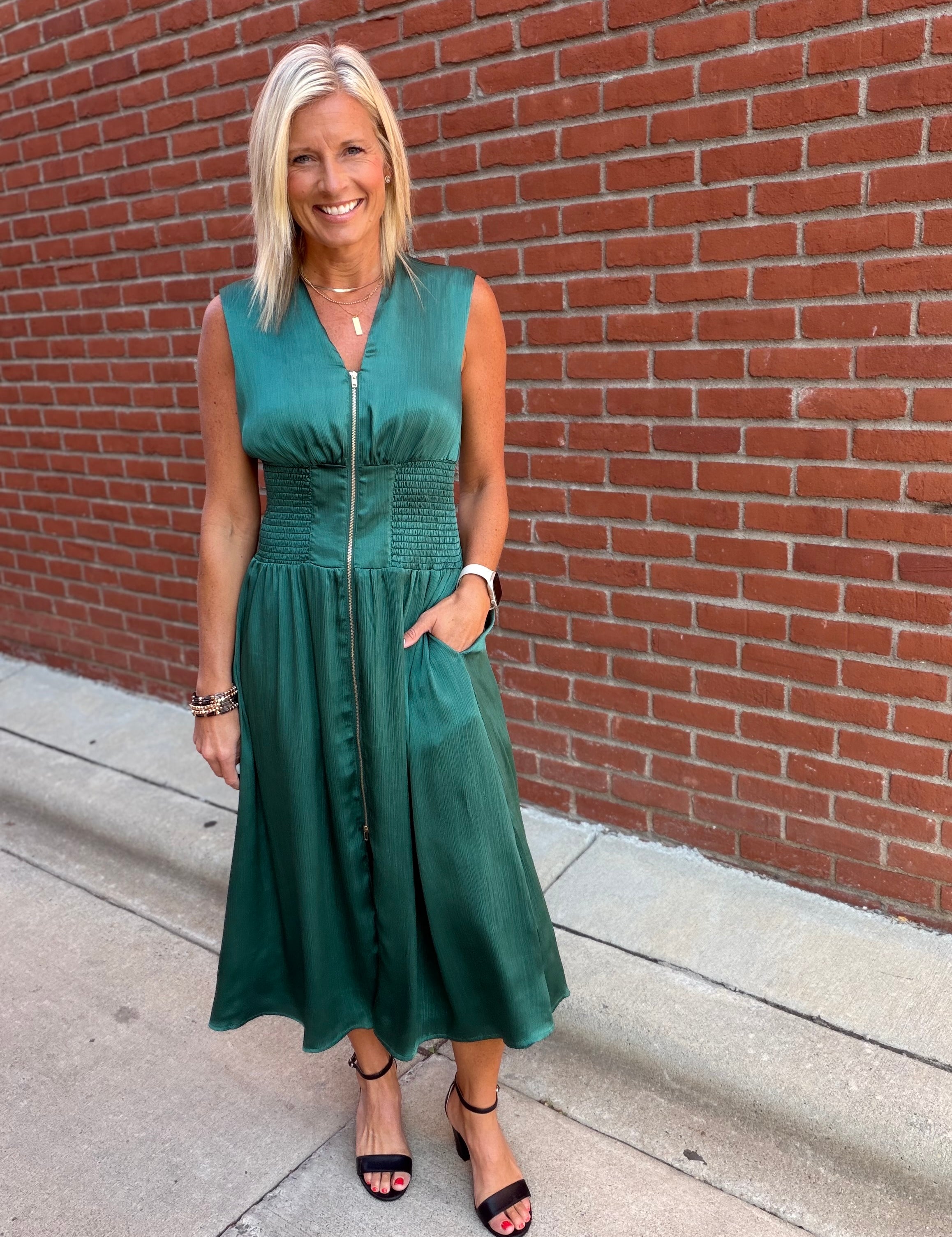 Deep Green Smocked Waist Zip Midi Dress Dresses DOE & RAE