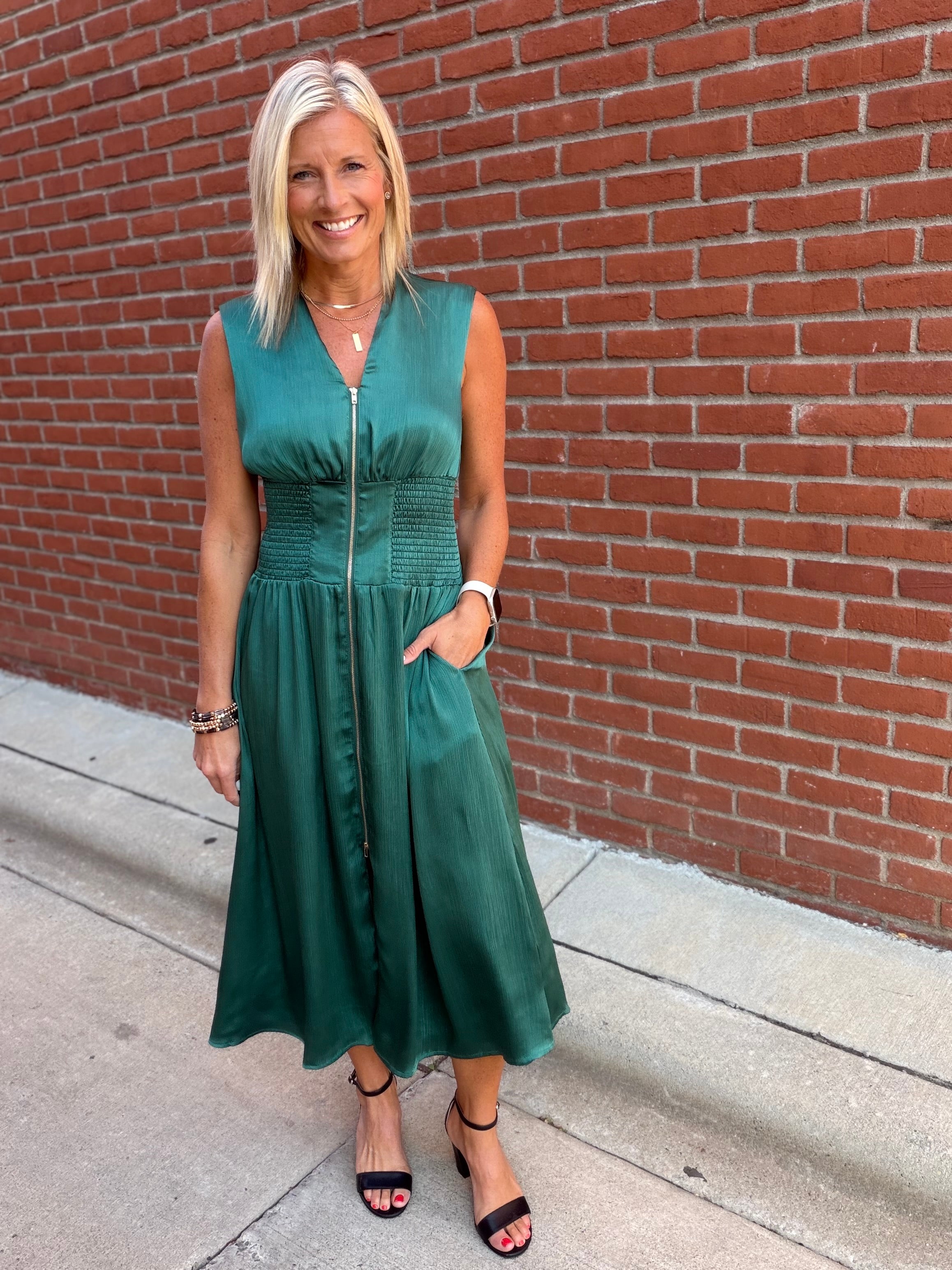 Deep Green Smocked Waist Zip Midi Dress Dresses DOE & RAE