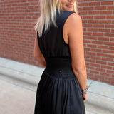 Black Smocked Waist Zip Midi Dress Dresses DOE & RAE