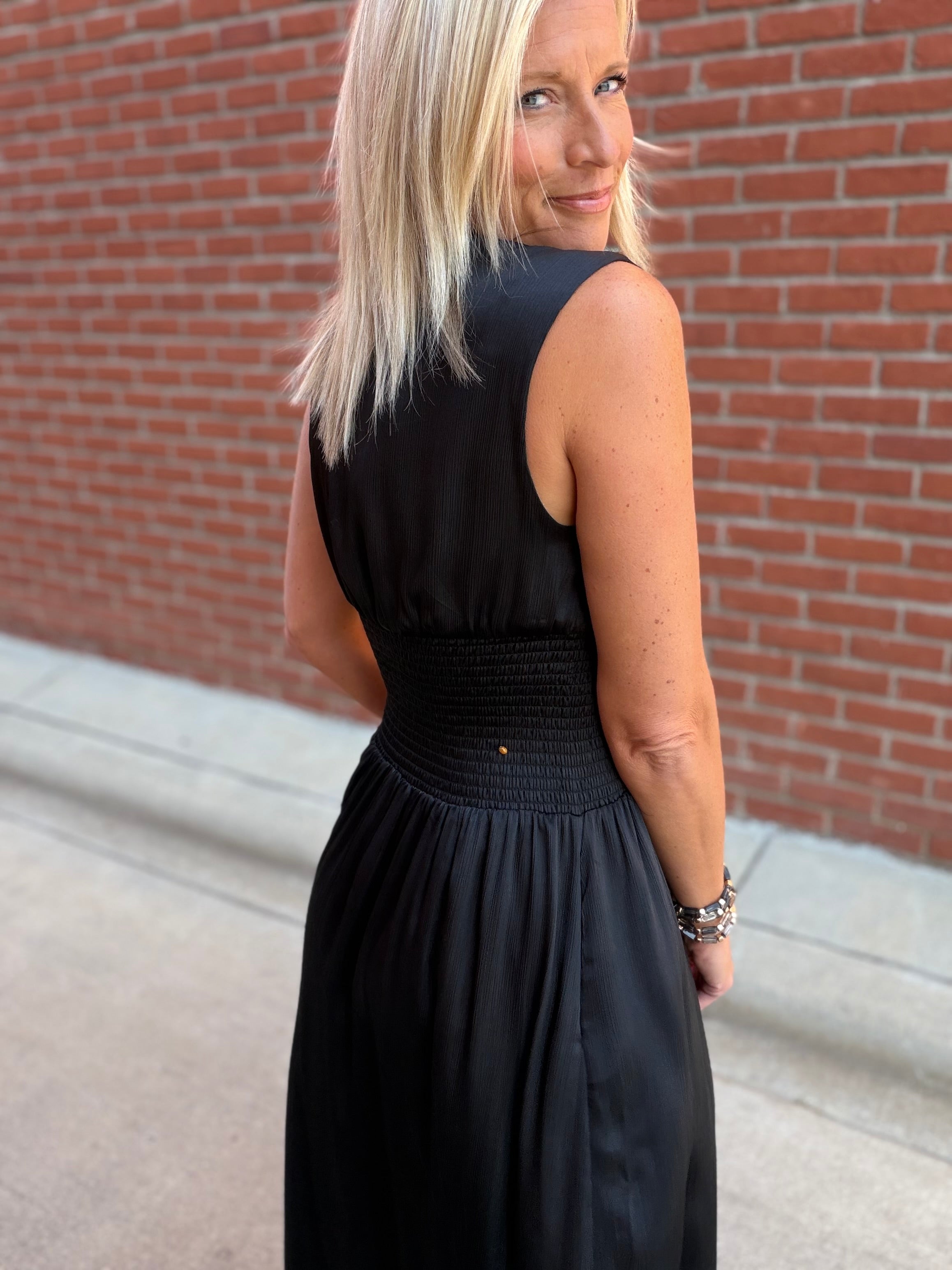 Black Smocked Waist Zip Midi Dress Dresses DOE & RAE