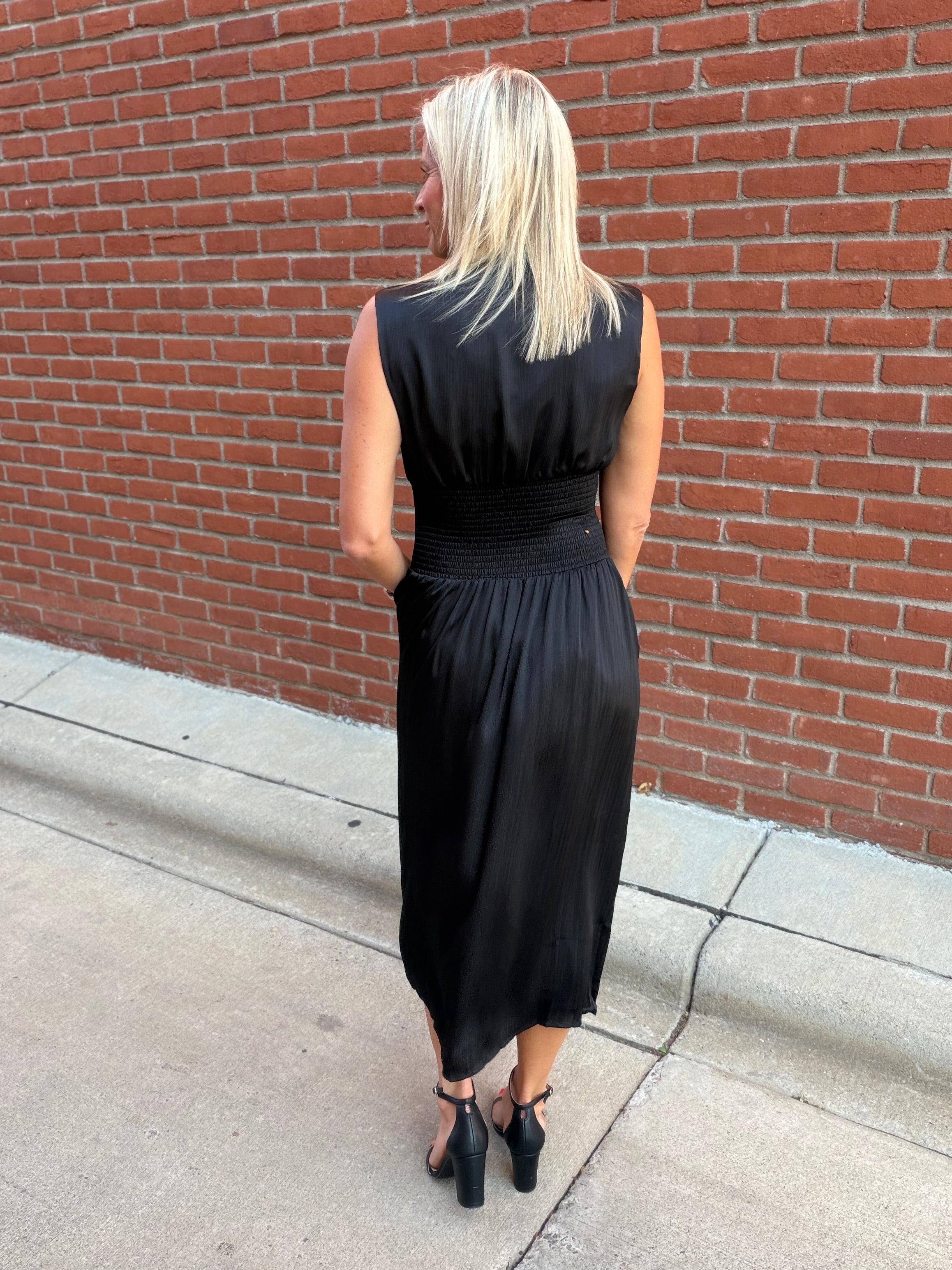 Black Smocked Waist Zip Midi Dress Dresses DOE & RAE