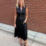 Black Smocked Waist Zip Midi Dress Dresses DOE & RAE