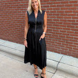 Black Smocked Waist Zip Midi Dress Dresses DOE & RAE