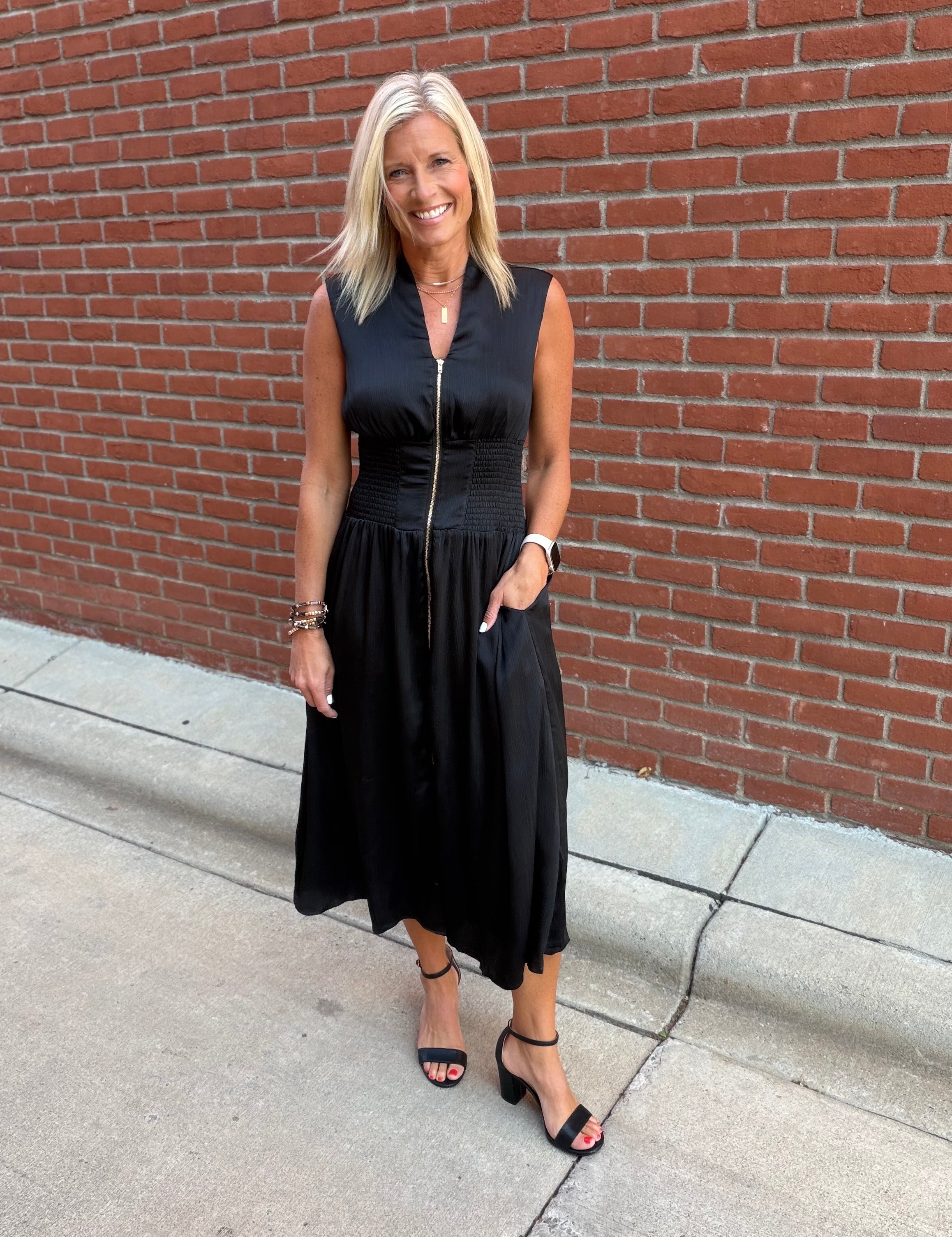 Black Smocked Waist Zip Midi Dress Dresses DOE & RAE