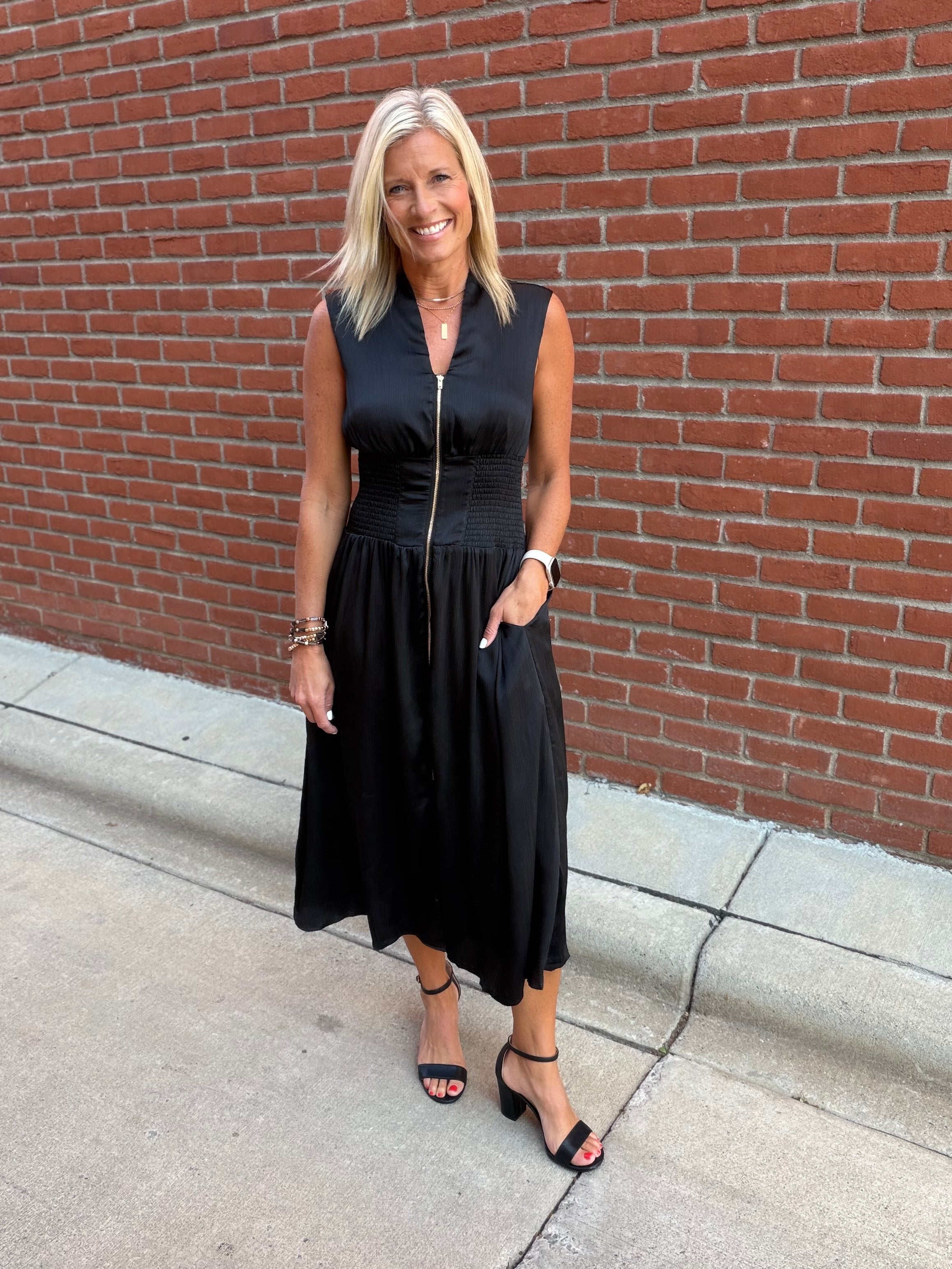 Black Smocked Waist Zip Midi Dress Dresses DOE & RAE