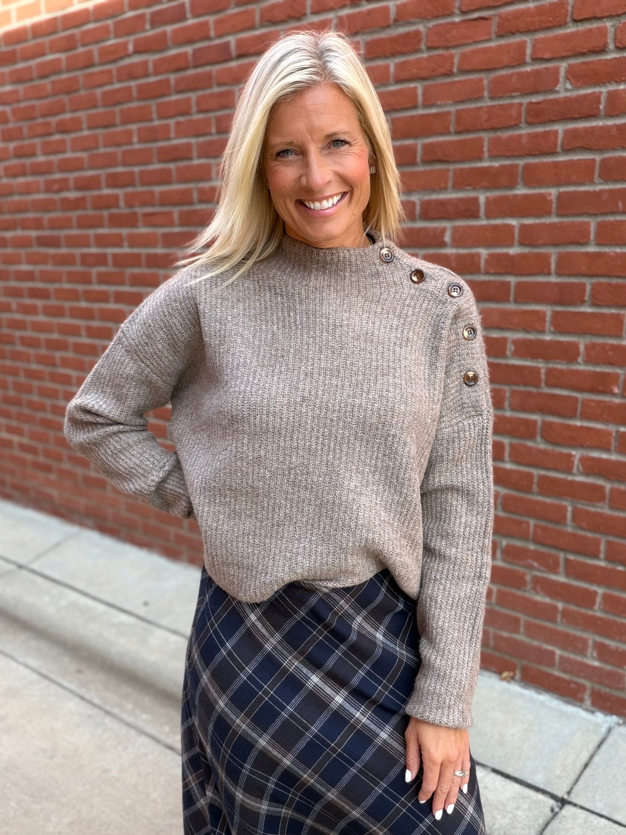 Mocha Side Shoulder Button Ribbed Sweater Top - Sweater Mable