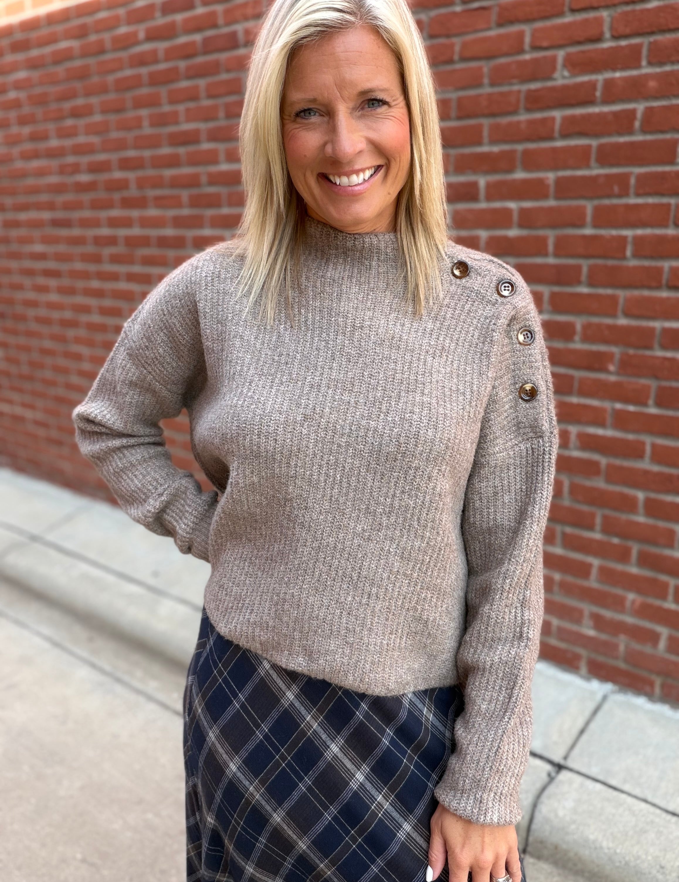 Mocha Side Shoulder Button Ribbed Sweater Top - Sweater Mable