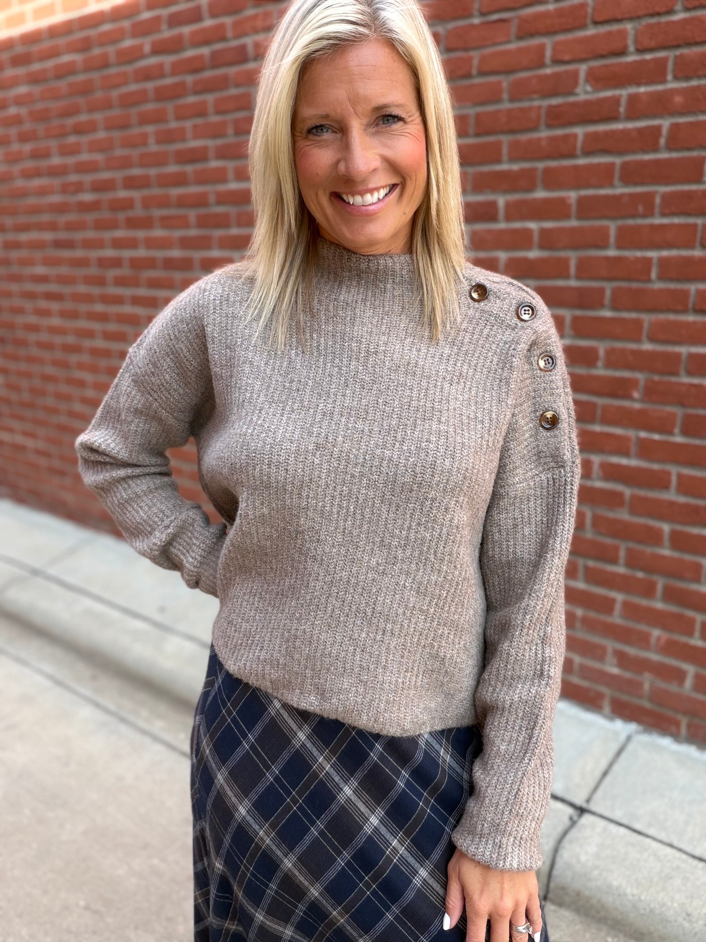 Mocha Side Shoulder Button Ribbed Sweater Top - Sweater Mable