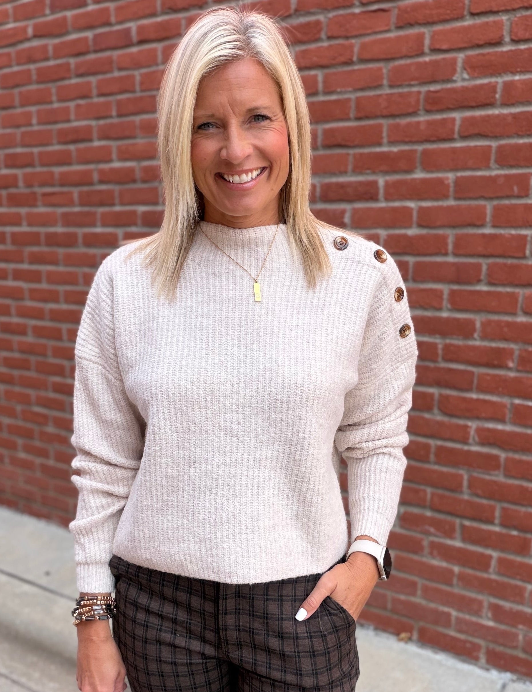 Oatmeal Side Shoulder Button Ribbed Sweater Top - Sweater Mable