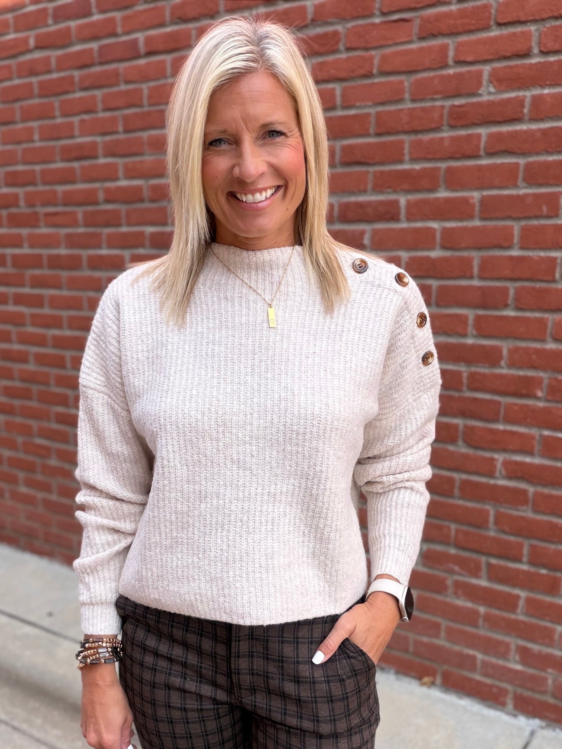Oatmeal Side Shoulder Button Ribbed Sweater Top - Sweater Mable