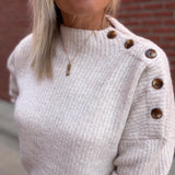 Oatmeal Side Shoulder Button Ribbed Sweater Top - Sweater Mable