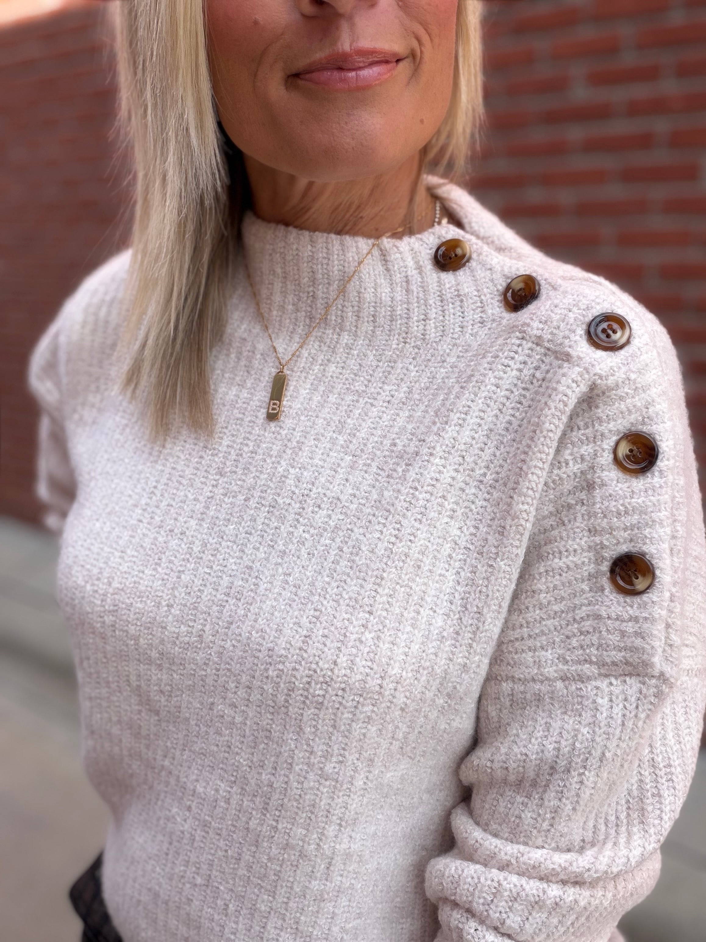 Oatmeal Side Shoulder Button Ribbed Sweater Top - Sweater Mable