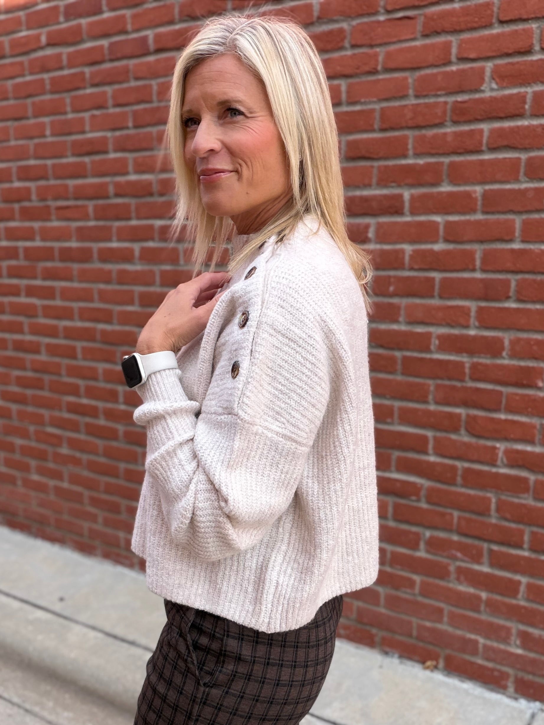 Oatmeal Side Shoulder Button Ribbed Sweater Top - Sweater Mable