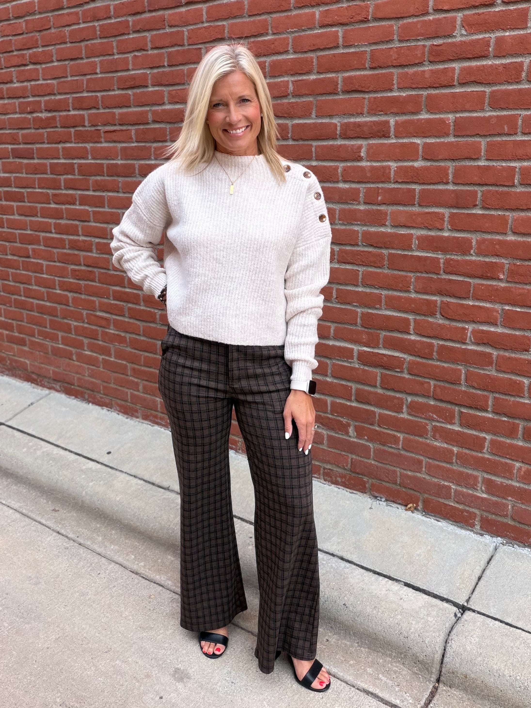 Oatmeal Side Shoulder Button Ribbed Sweater Top - Sweater Mable
