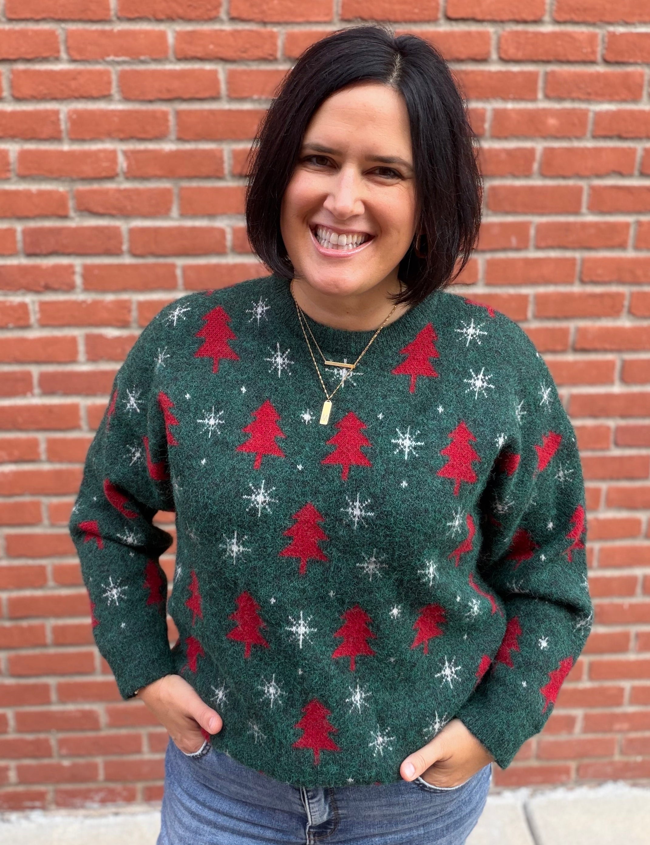 Green Christmas Tree & Snowflake Sweater Top - Sweater POL