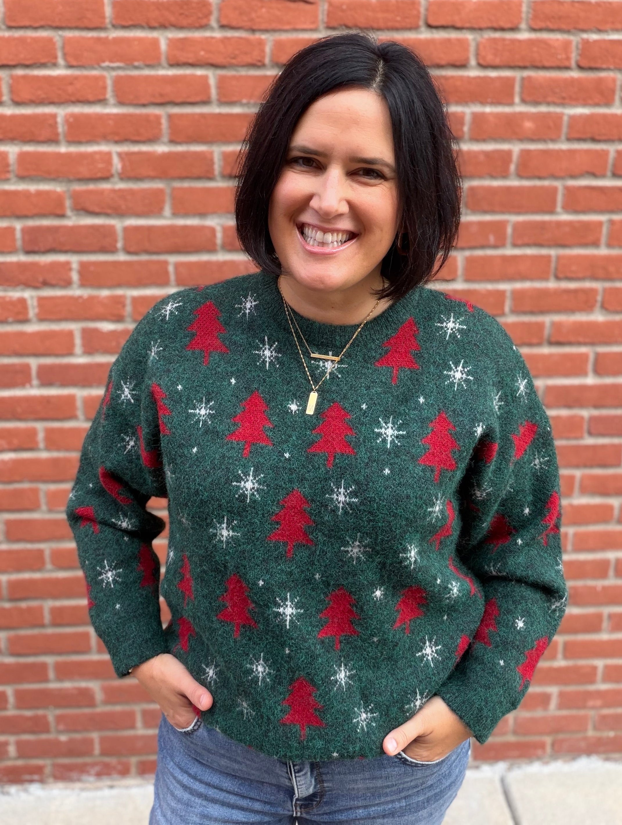 Green Christmas Tree & Snowflake Sweater Top - Sweater POL
