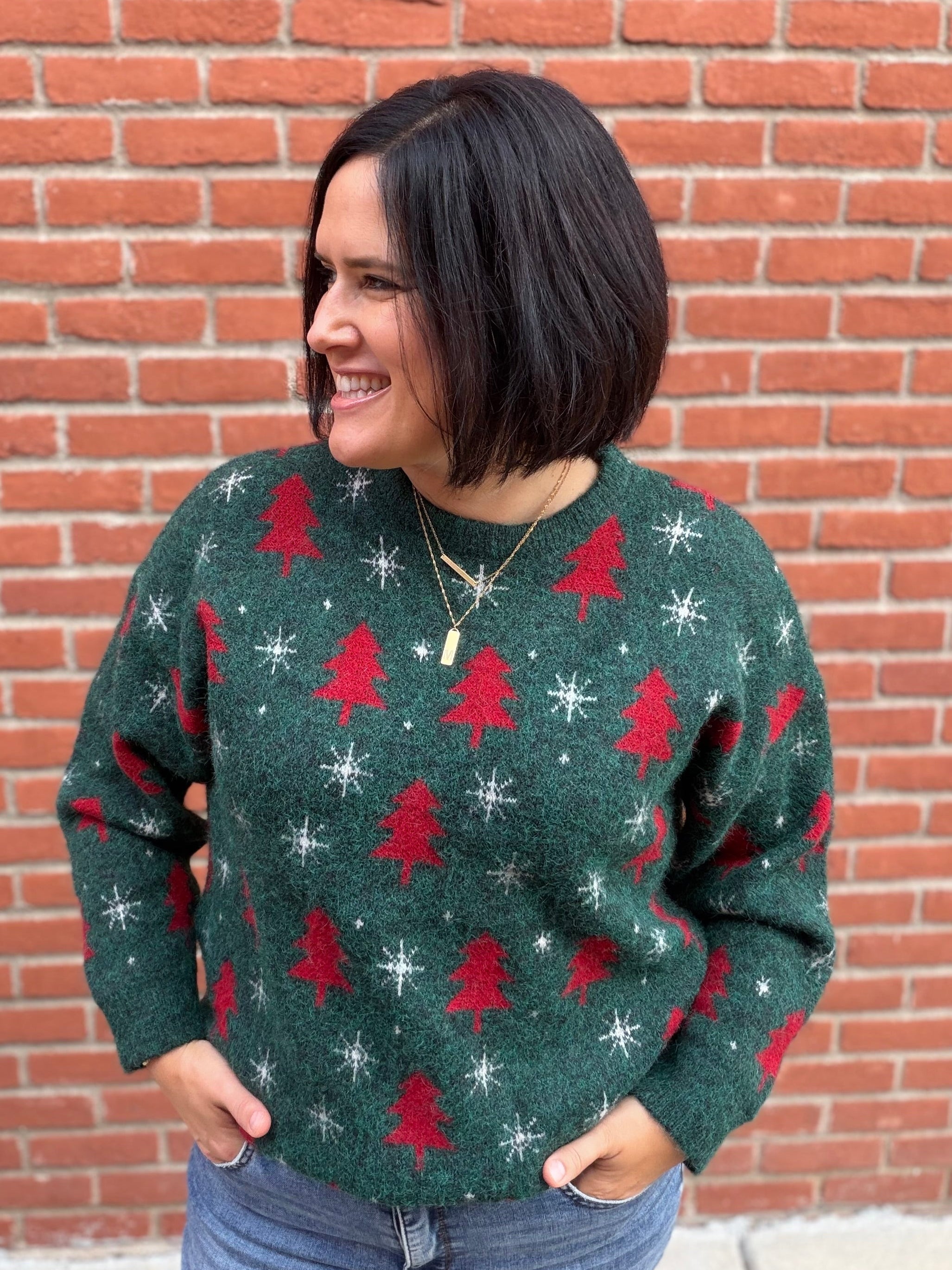 Green Christmas Tree & Snowflake Sweater Top - Sweater POL