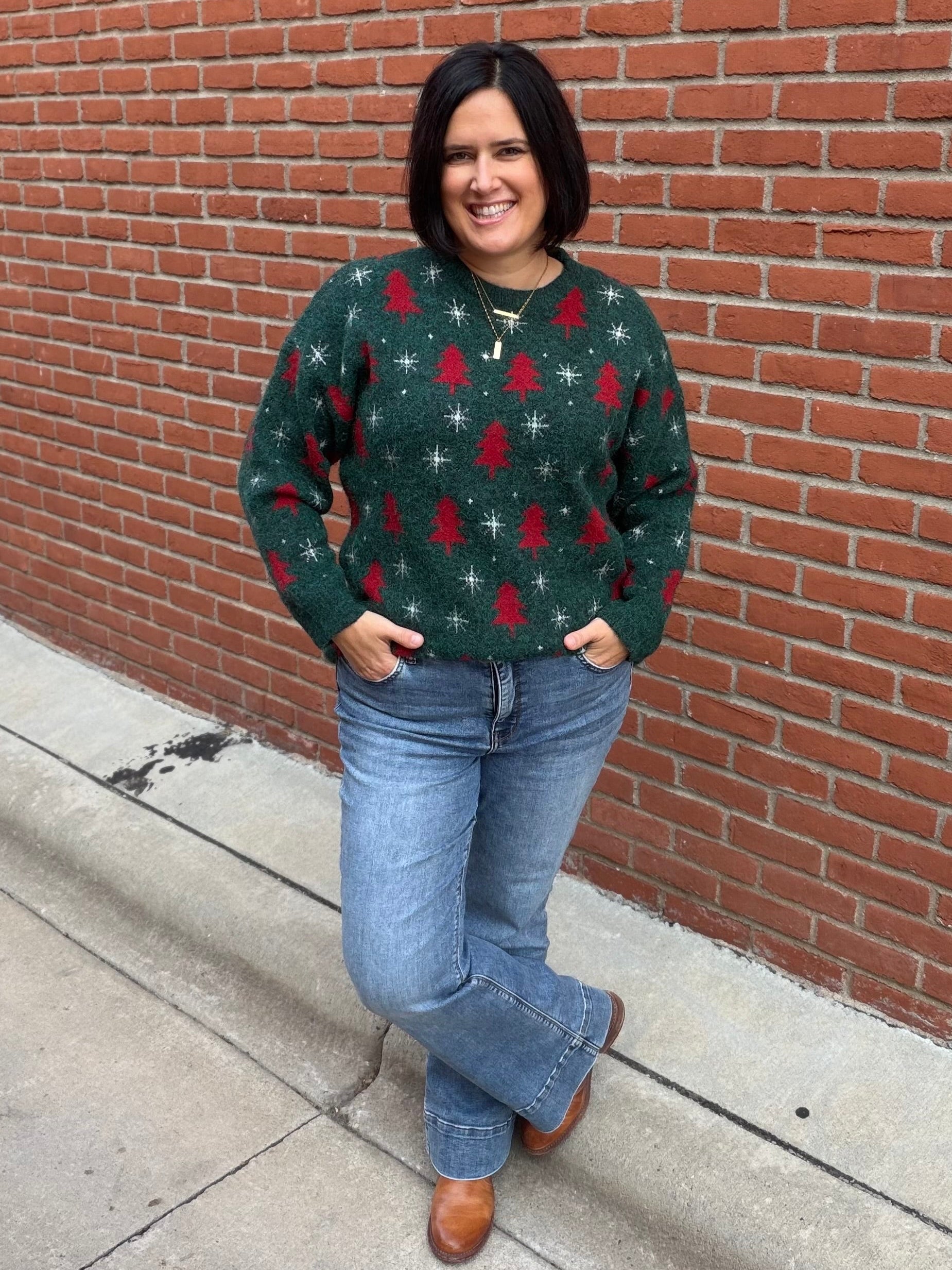 Green Christmas Tree & Snowflake Sweater Top - Sweater POL