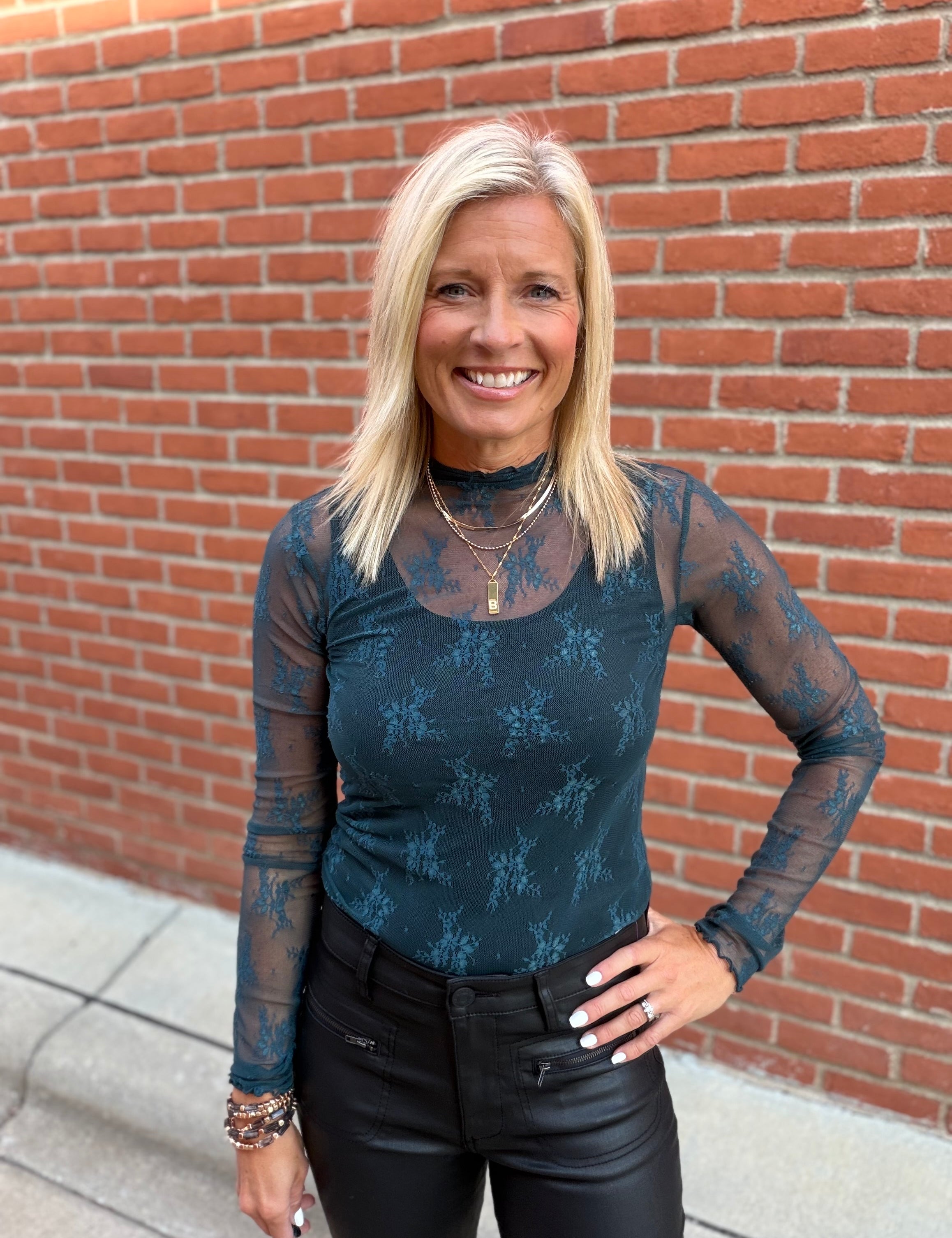 Teal Mock Neck Lace Long Sleeve Top Tops- Long Sleeve HEM & THREAD