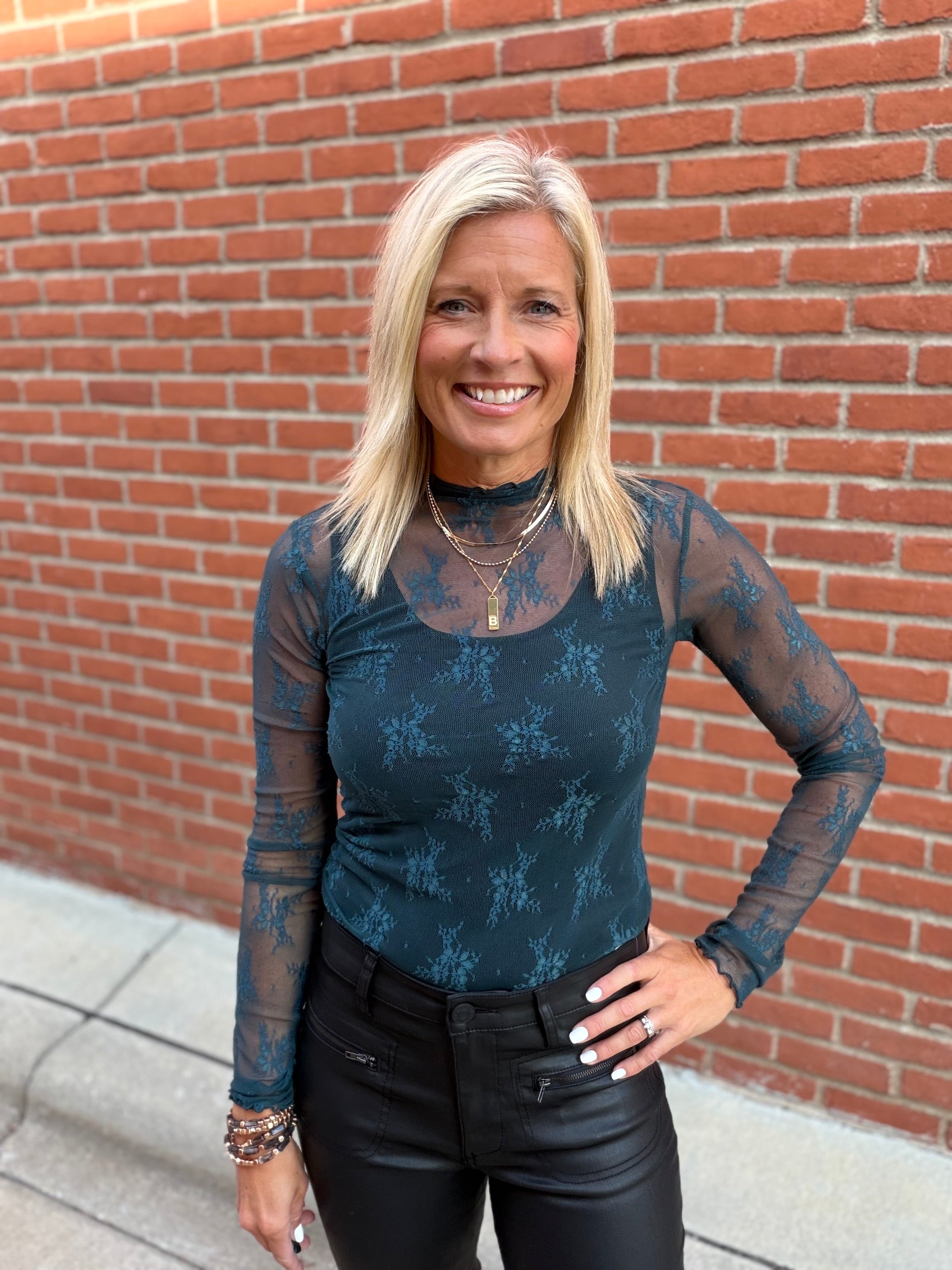 Teal Mock Neck Lace Long Sleeve Top Tops- Long Sleeve HEM & THREAD