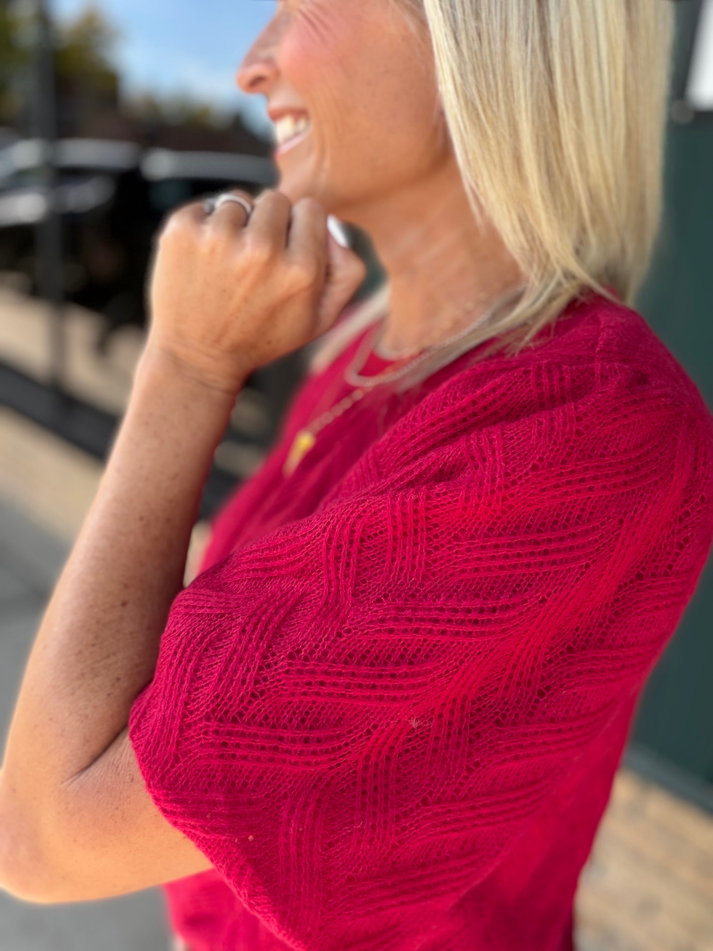 Red Knit Bubble Sleeve Sweater Top - Sweater VOY
