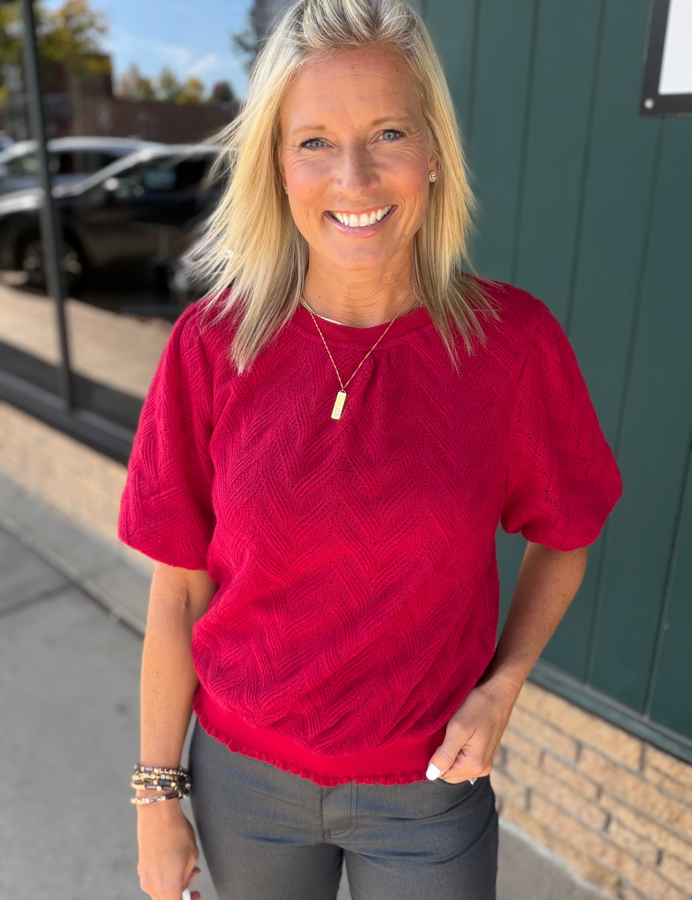 Red Knit Bubble Sleeve Sweater Top - Sweater VOY