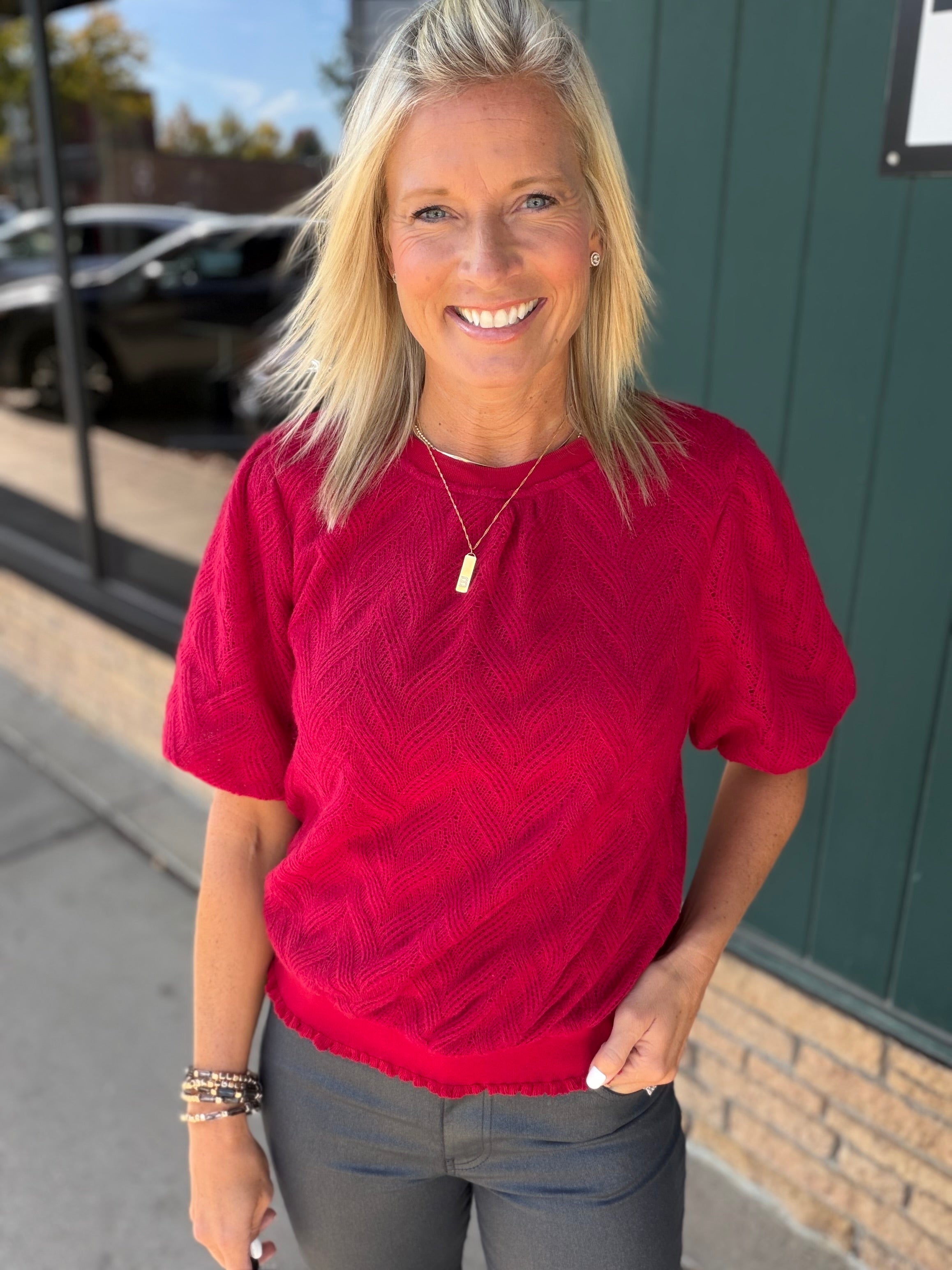 Red Knit Bubble Sleeve Sweater Top - Sweater VOY
