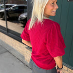 Red Knit Bubble Sleeve Sweater Top - Sweater VOY