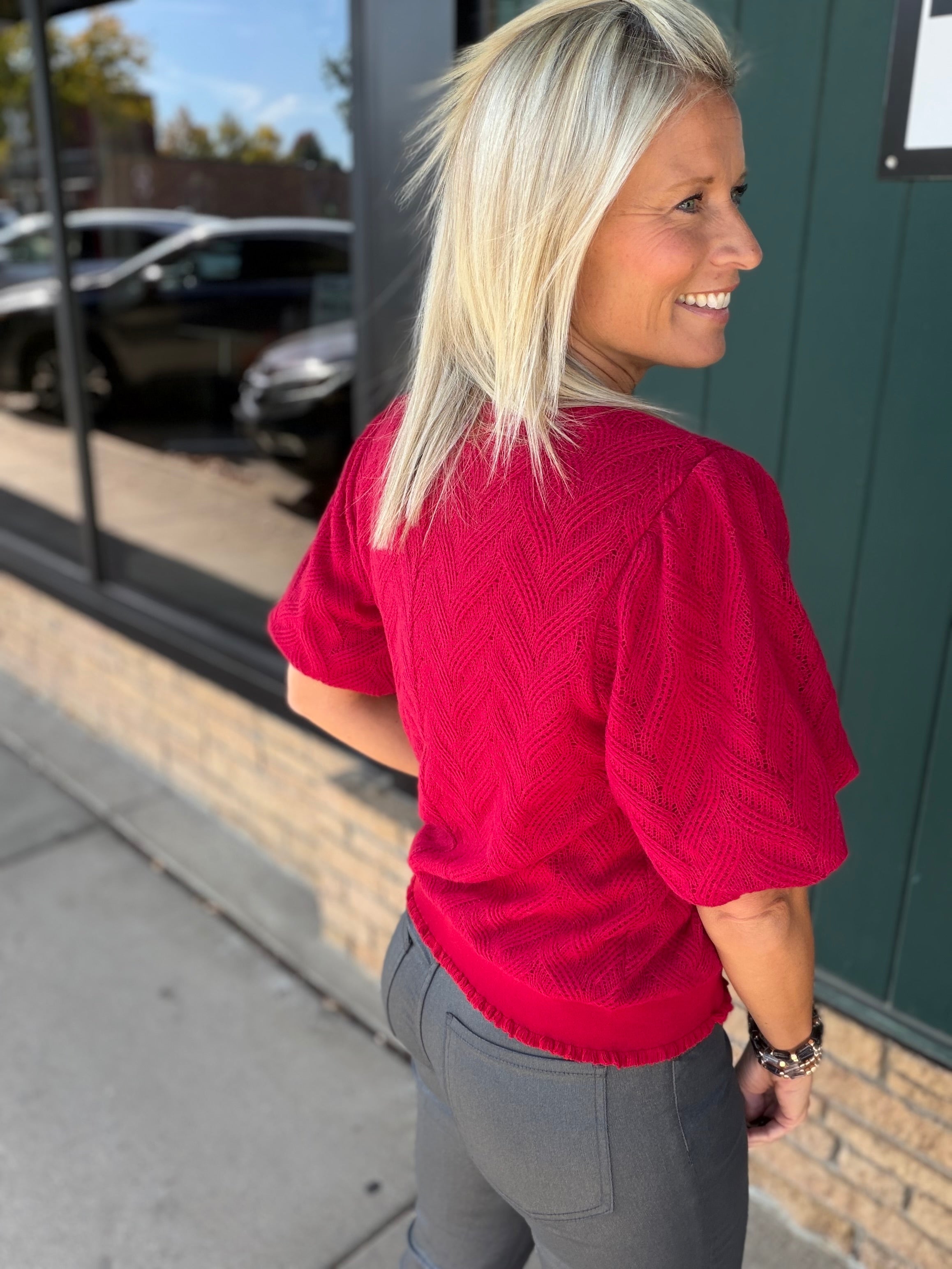 Red Knit Bubble Sleeve Sweater Top - Sweater VOY