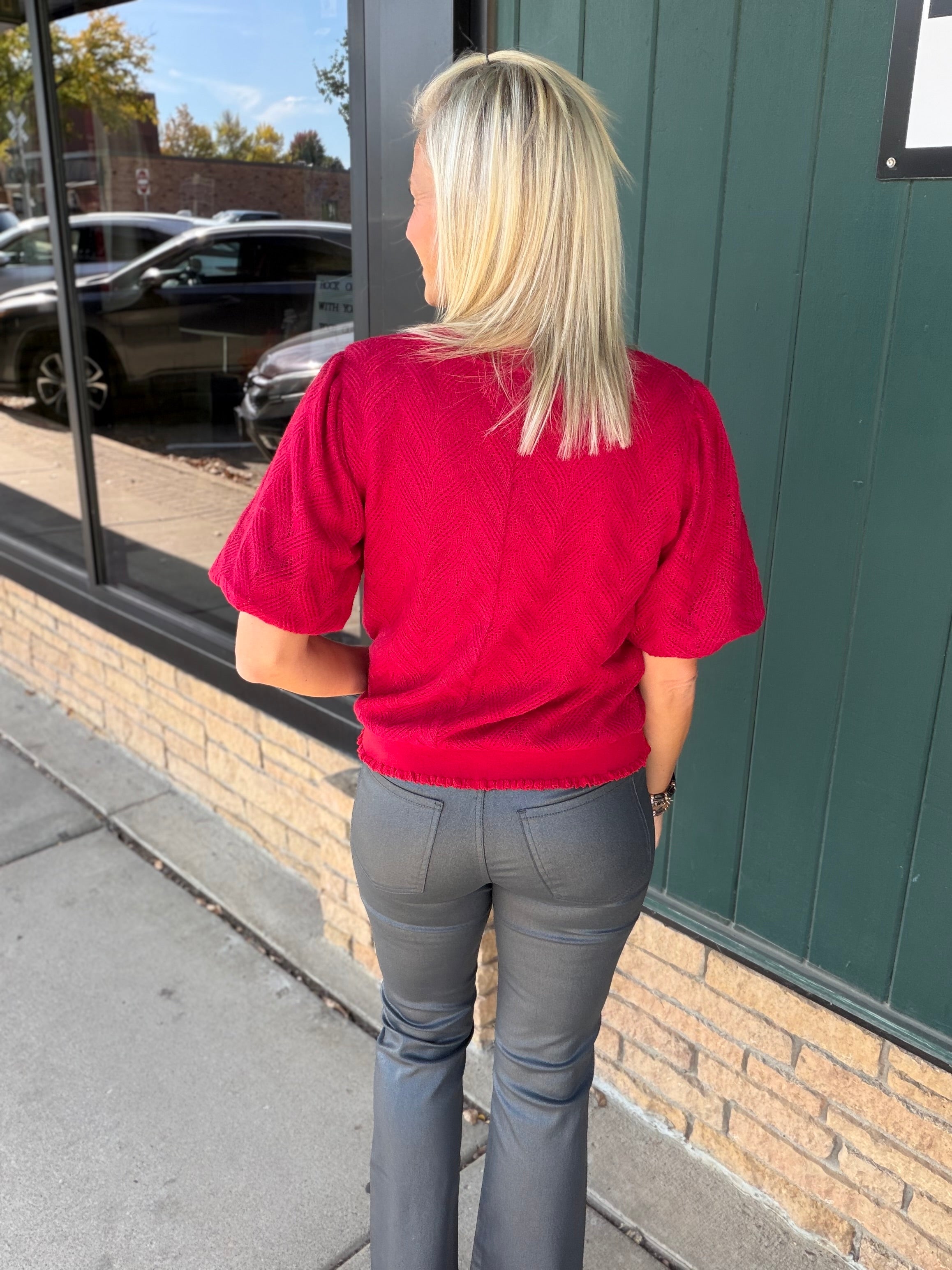 Red Knit Bubble Sleeve Sweater Top - Sweater VOY