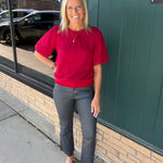 Red Knit Bubble Sleeve Sweater Top - Sweater VOY