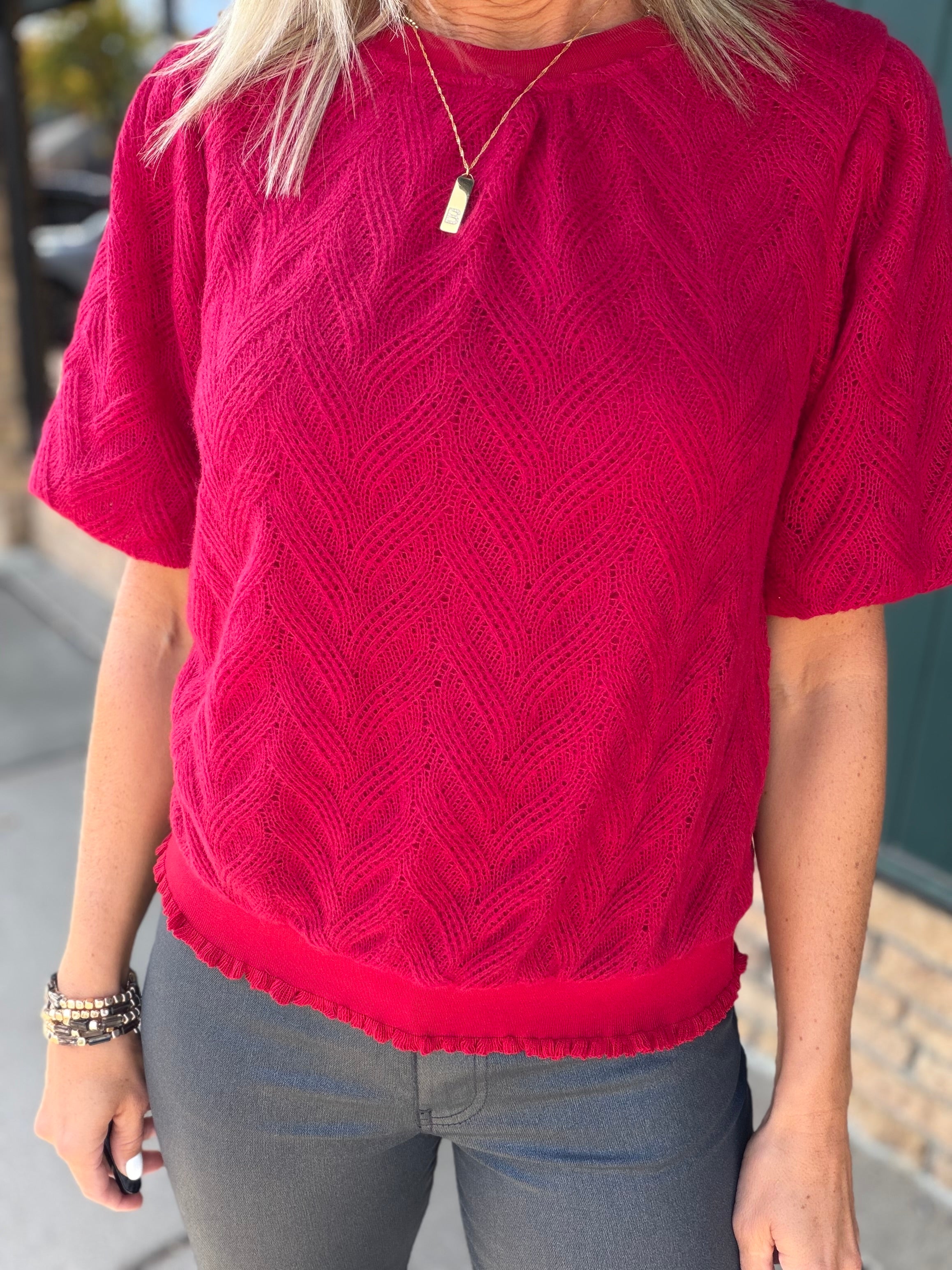 Red Knit Bubble Sleeve Sweater Top - Sweater VOY
