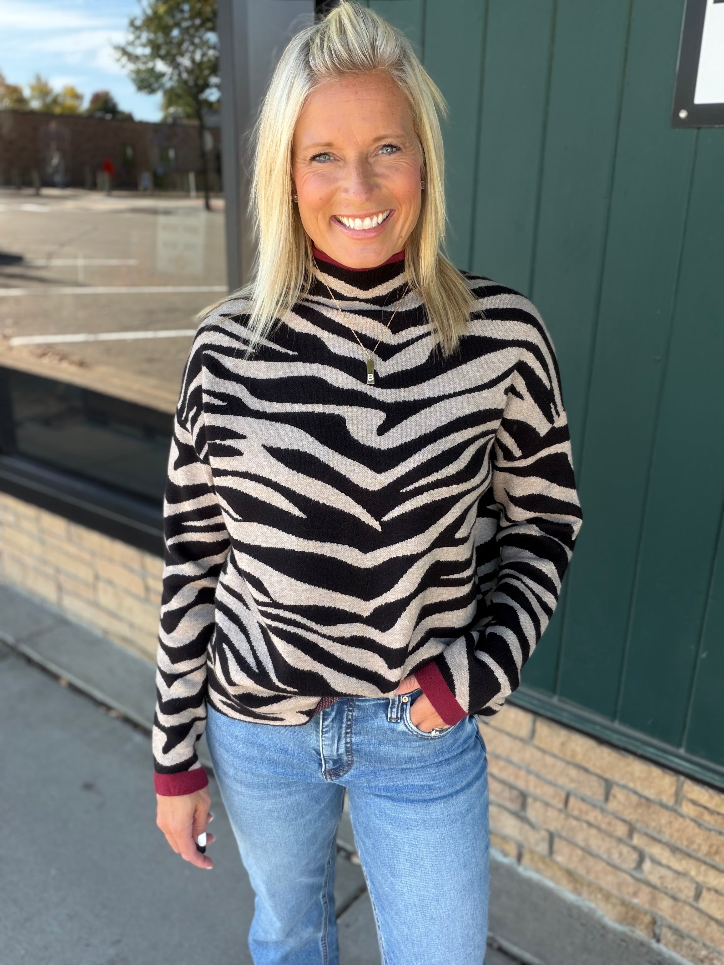 Beige & Black Zebra Print Sweater Top - Sweater THML