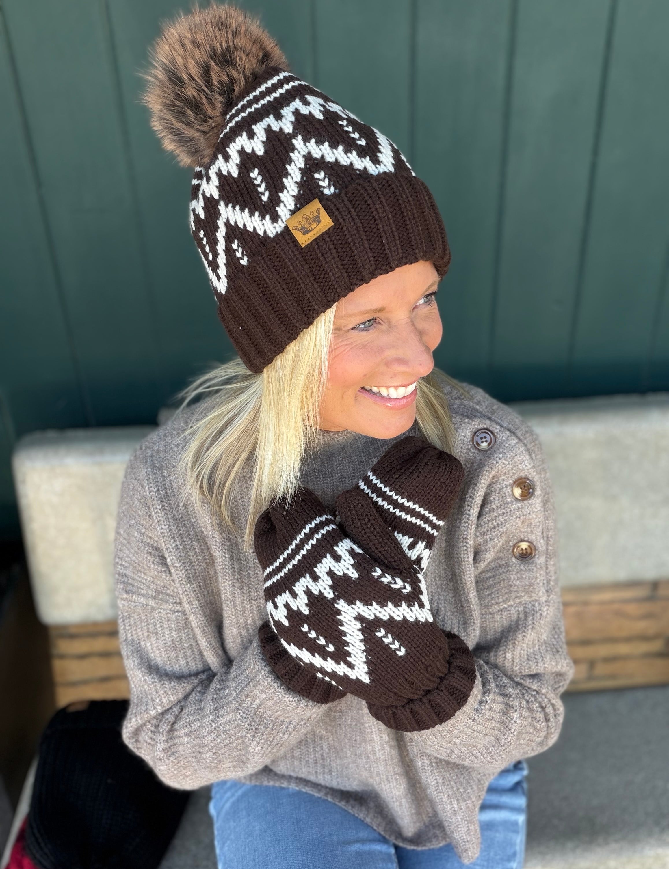 Chocolate Brown & Beige Patterned Pom Hat Accessories - Hat PANACHE