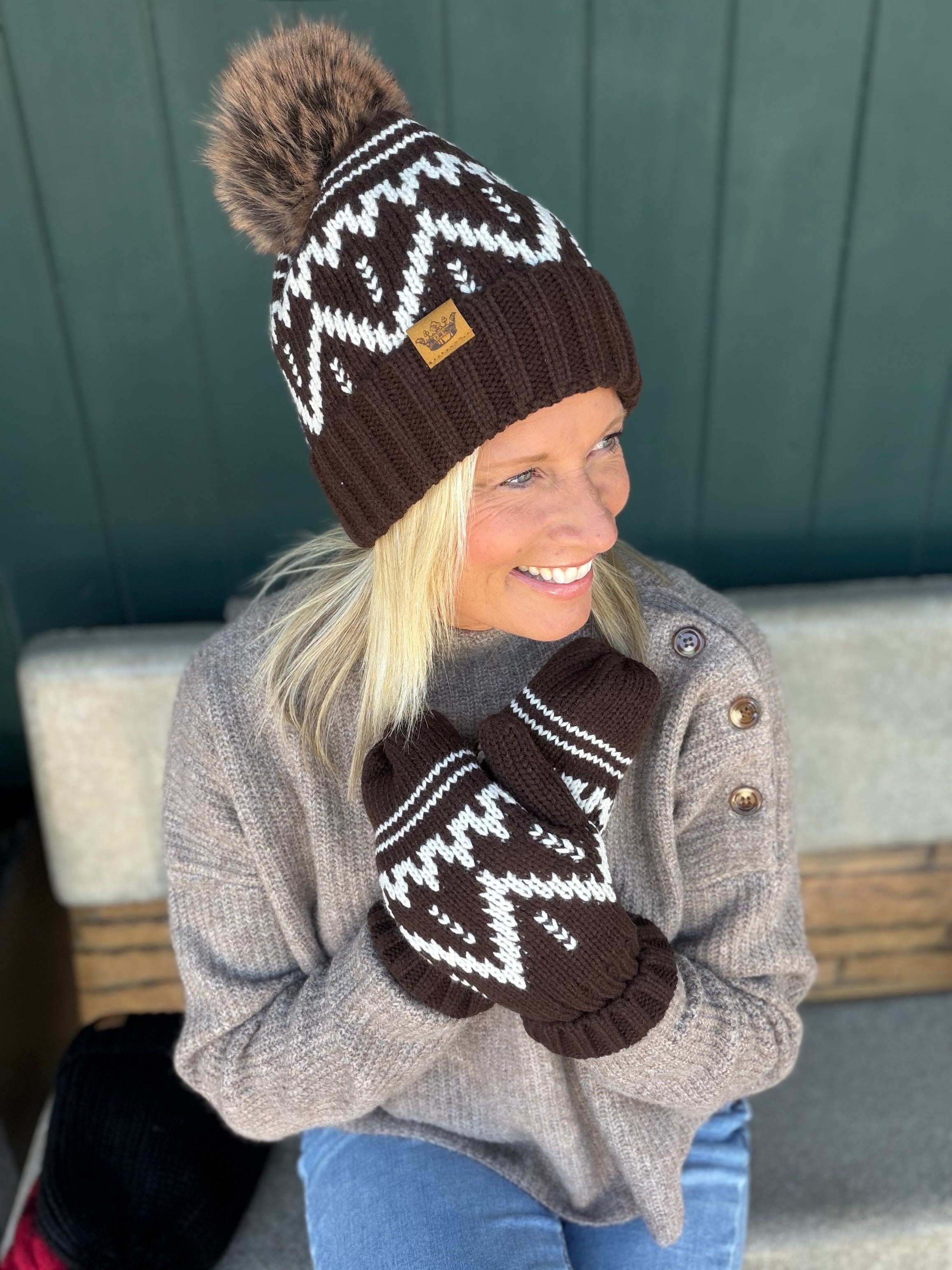 Chocolate Brown & Beige Patterned Pom Hat Accessories - Hat PANACHE