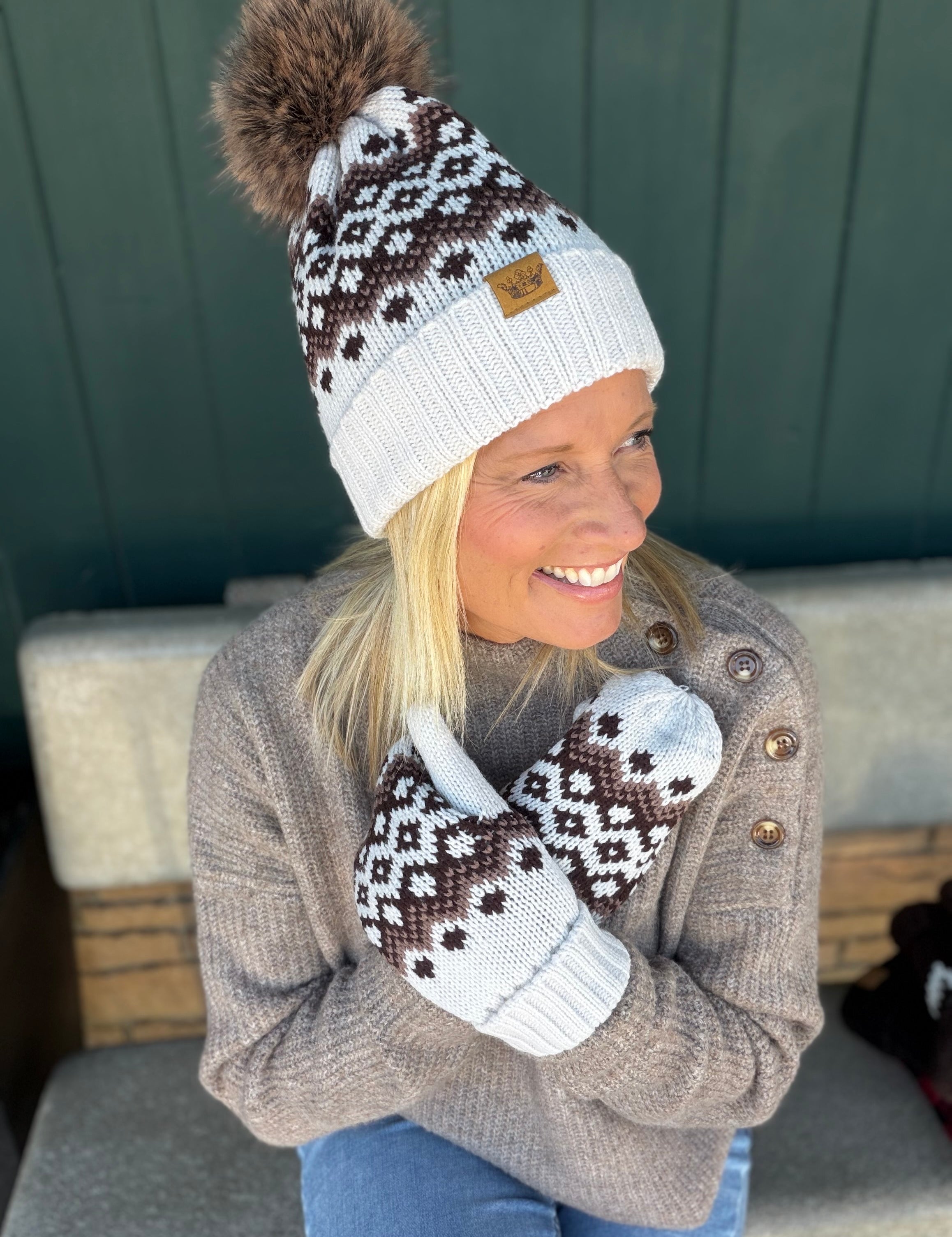 Taupe Patterned Pom Hat Accessories - Hat PANACHE