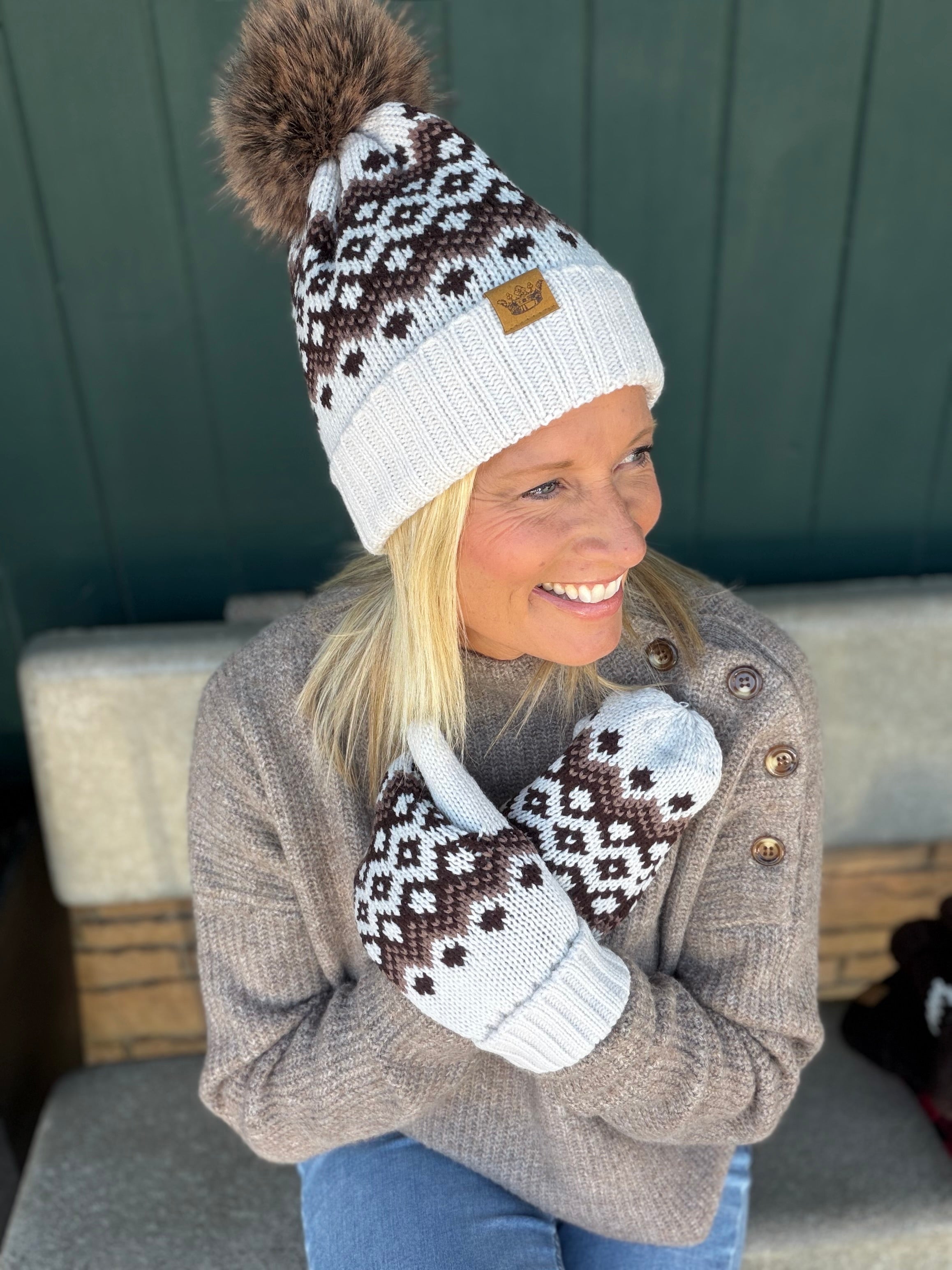 Taupe Patterned Pom Hat Accessories - Hat PANACHE