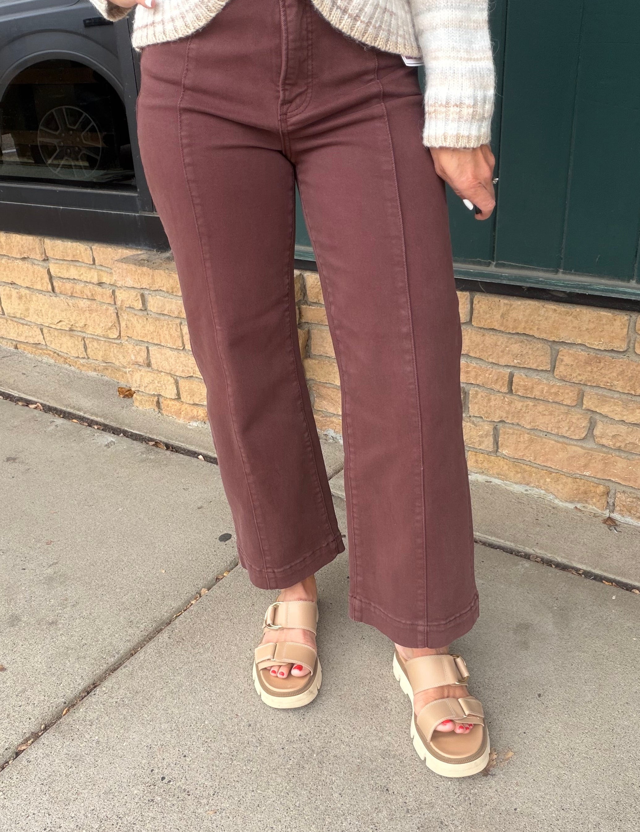 Chocolate Brown Wide Leg Tummy Control Jeans Bottoms - Pants RISEN