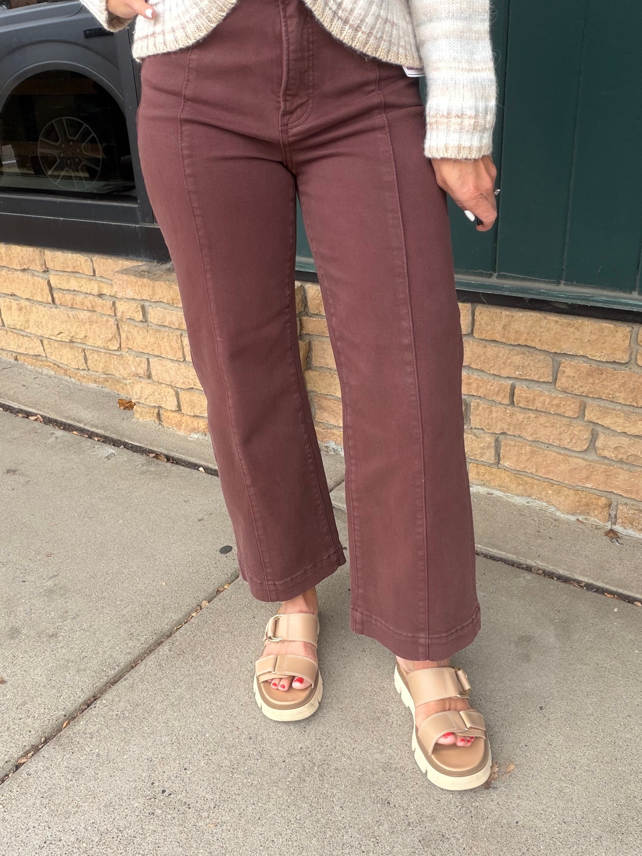 Chocolate Brown Wide Leg Tummy Control Jeans Bottoms - Pants RISEN