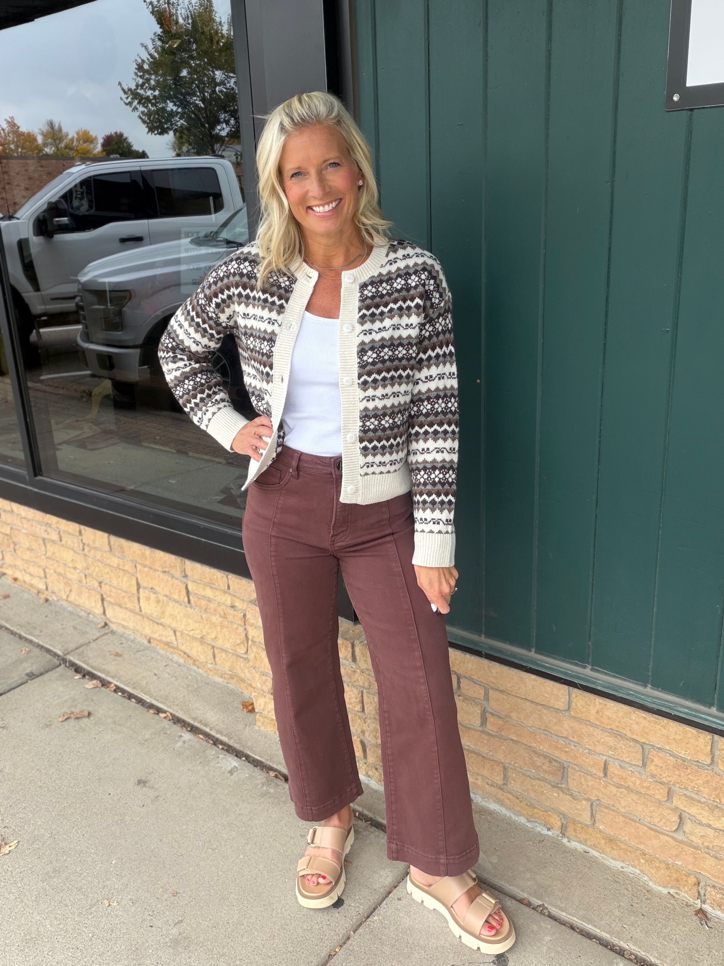 Nisha Fair Isle Crew Neck Cardigan Tops- Cardigans RD Style
