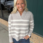 Striped Stitch Detail Collar Sweater Top - Sweater Mable