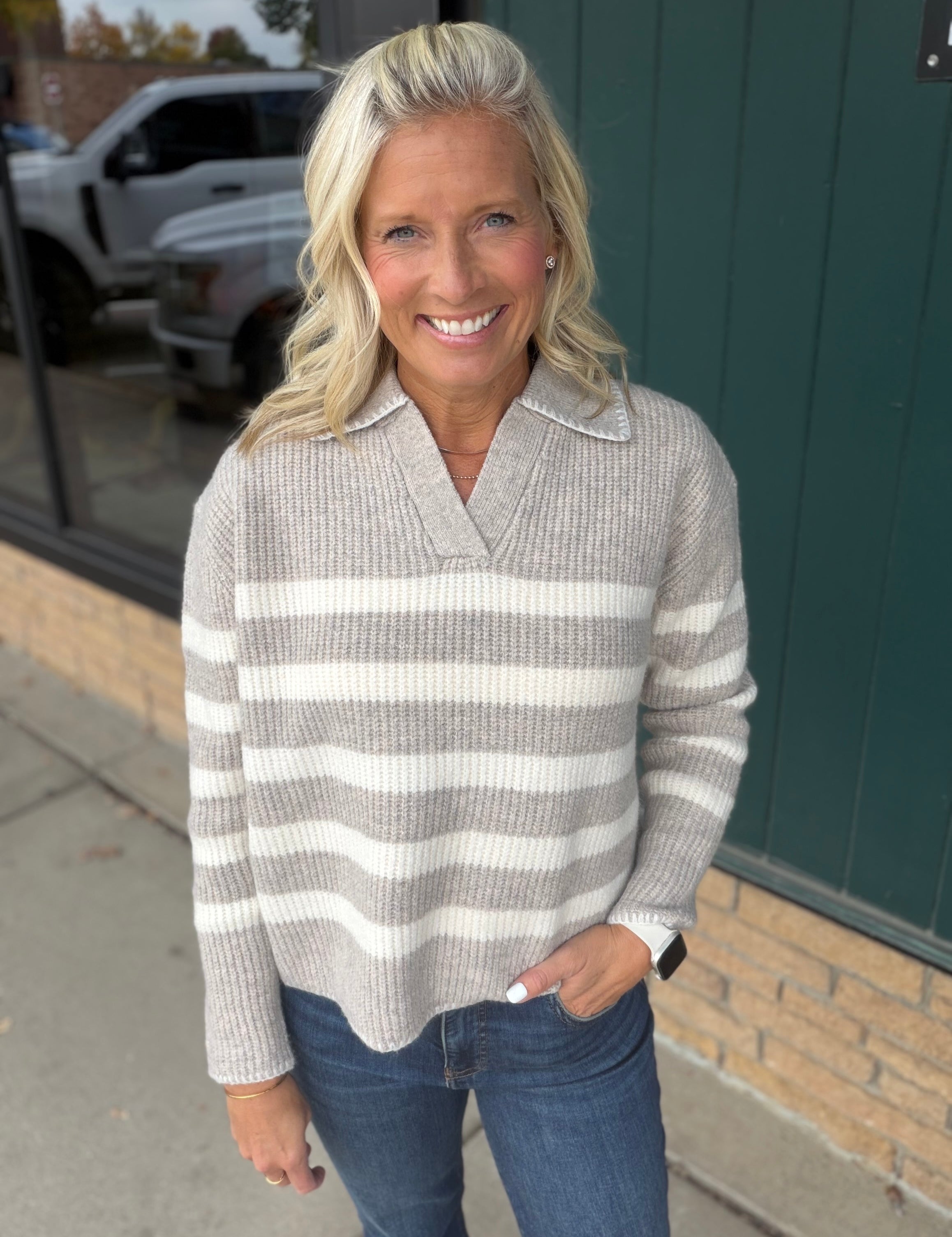 Striped Stitch Detail Collar Sweater Top - Sweater Mable