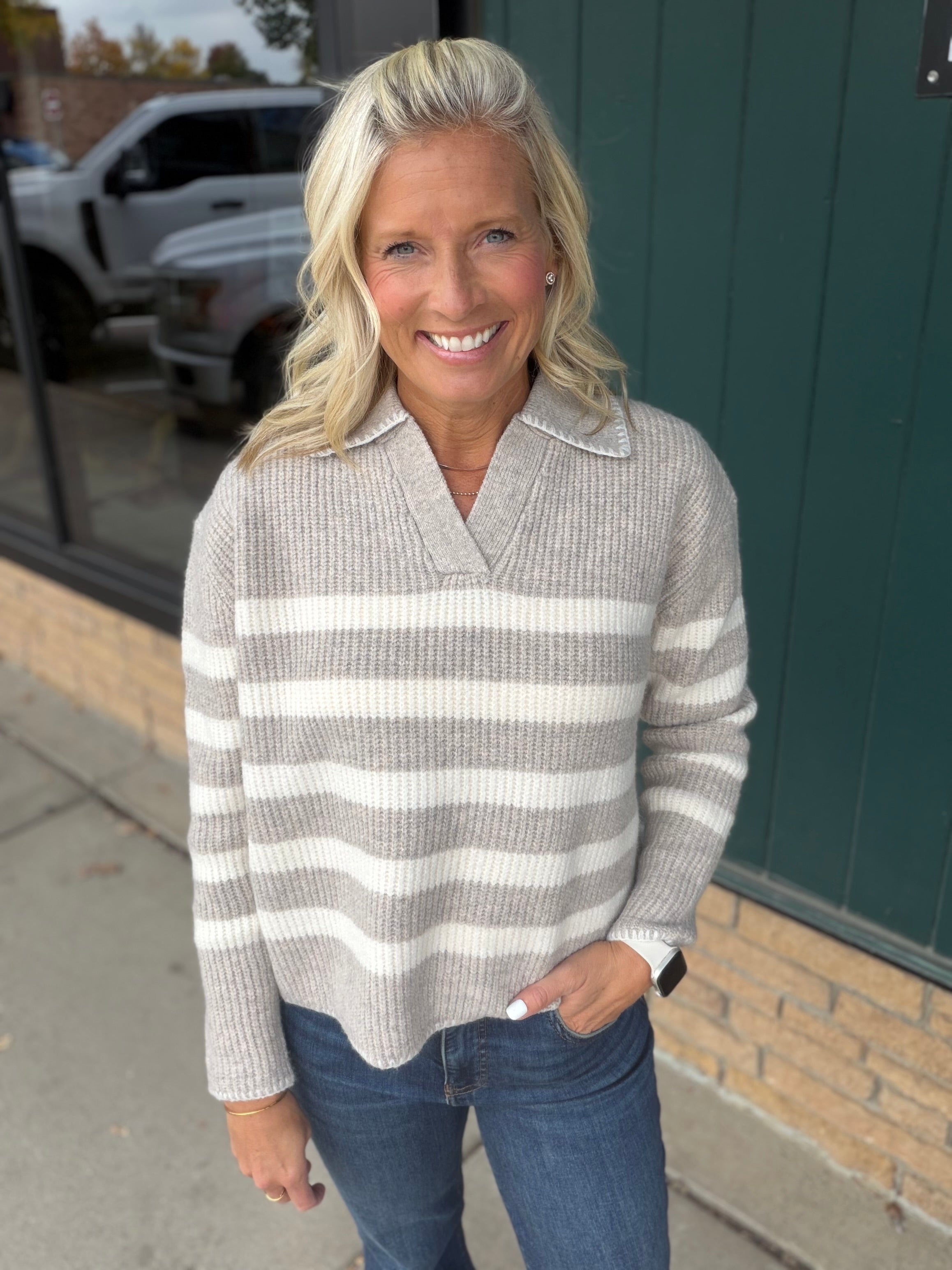 Striped Stitch Detail Collar Sweater Top - Sweater Mable