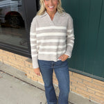 Striped Stitch Detail Collar Sweater Top - Sweater Mable