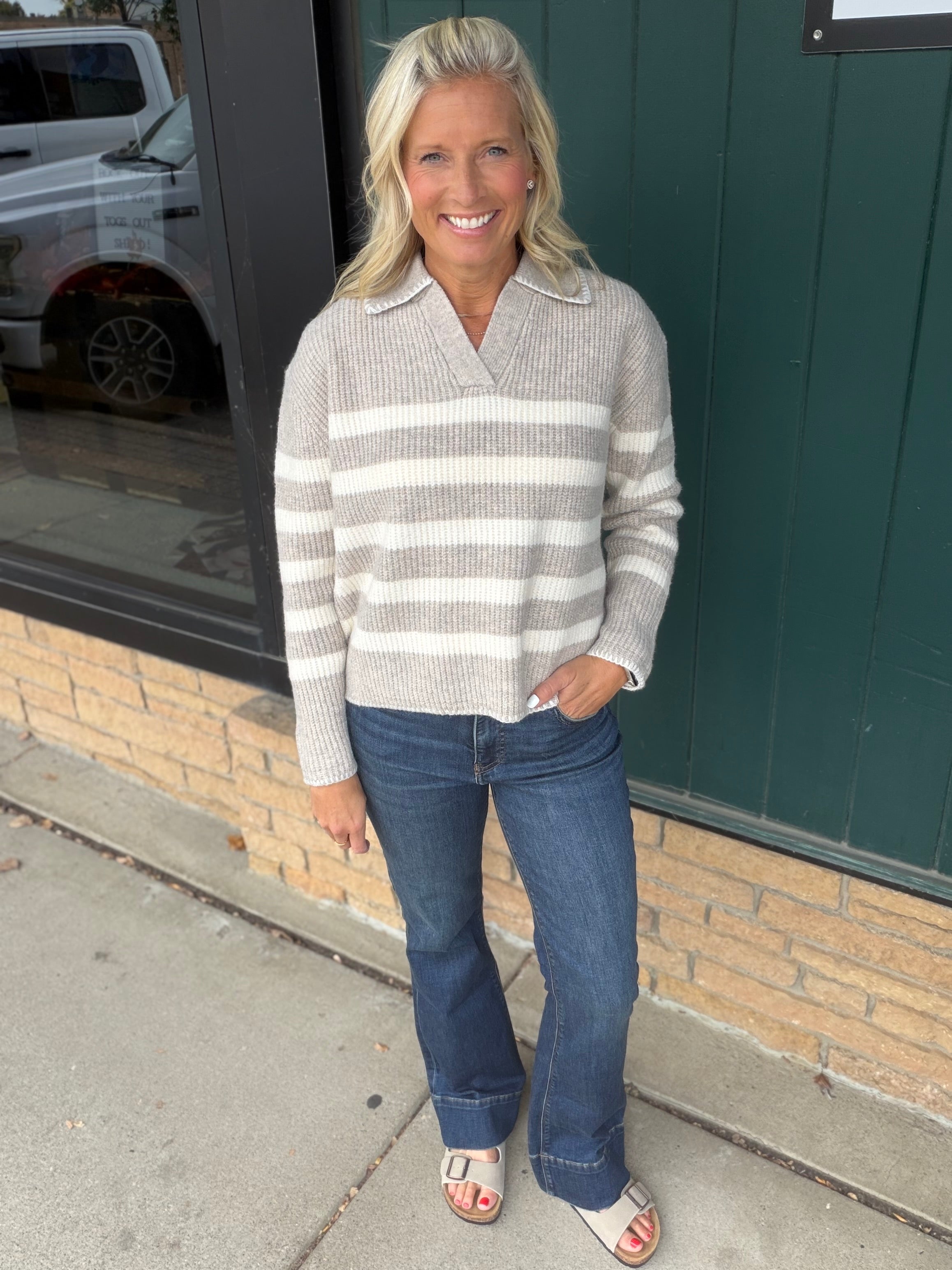 Striped Stitch Detail Collar Sweater Top - Sweater Mable
