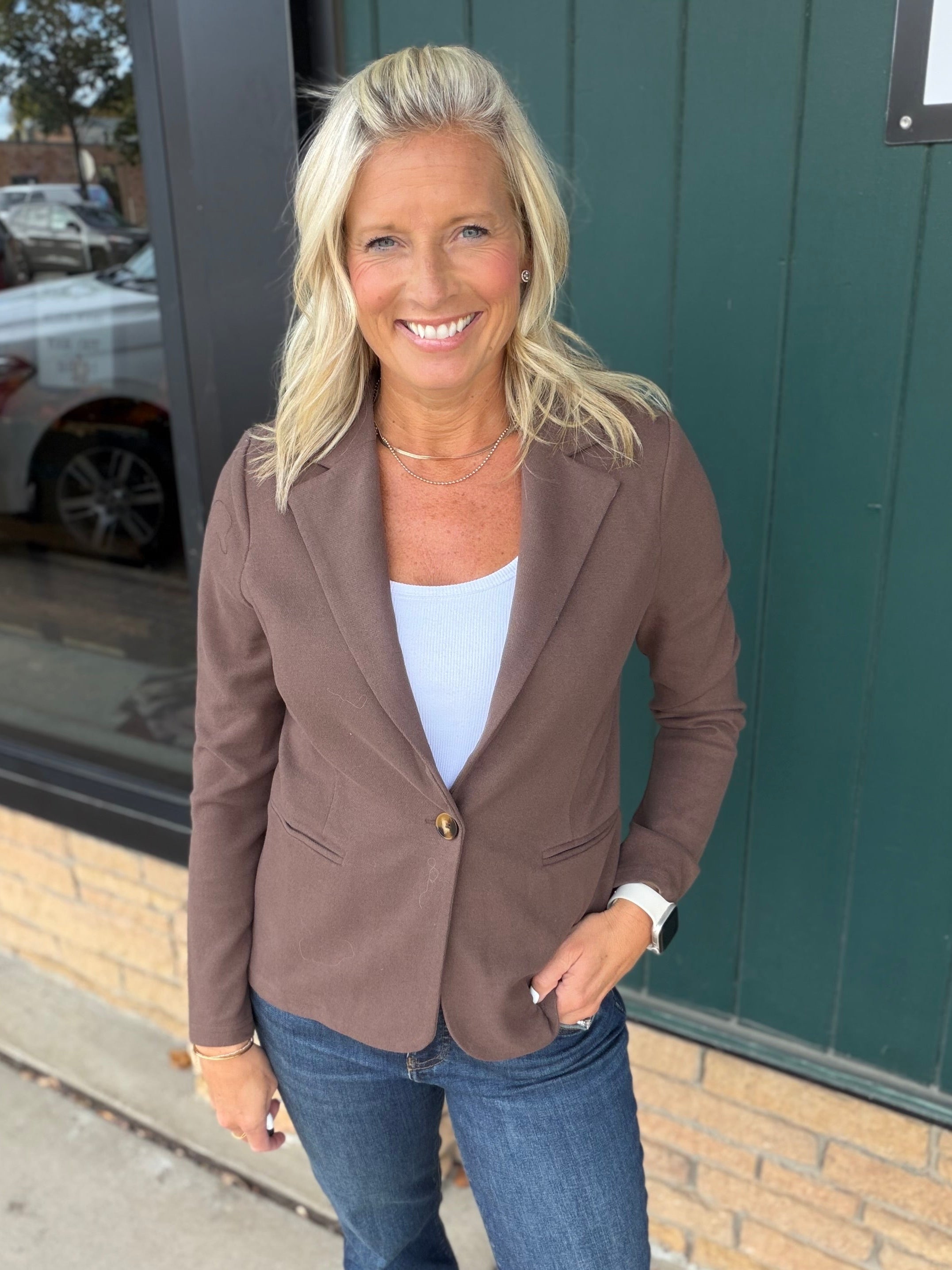 Brown Knit Blazer Outerwear- Blazers DOE & RAE