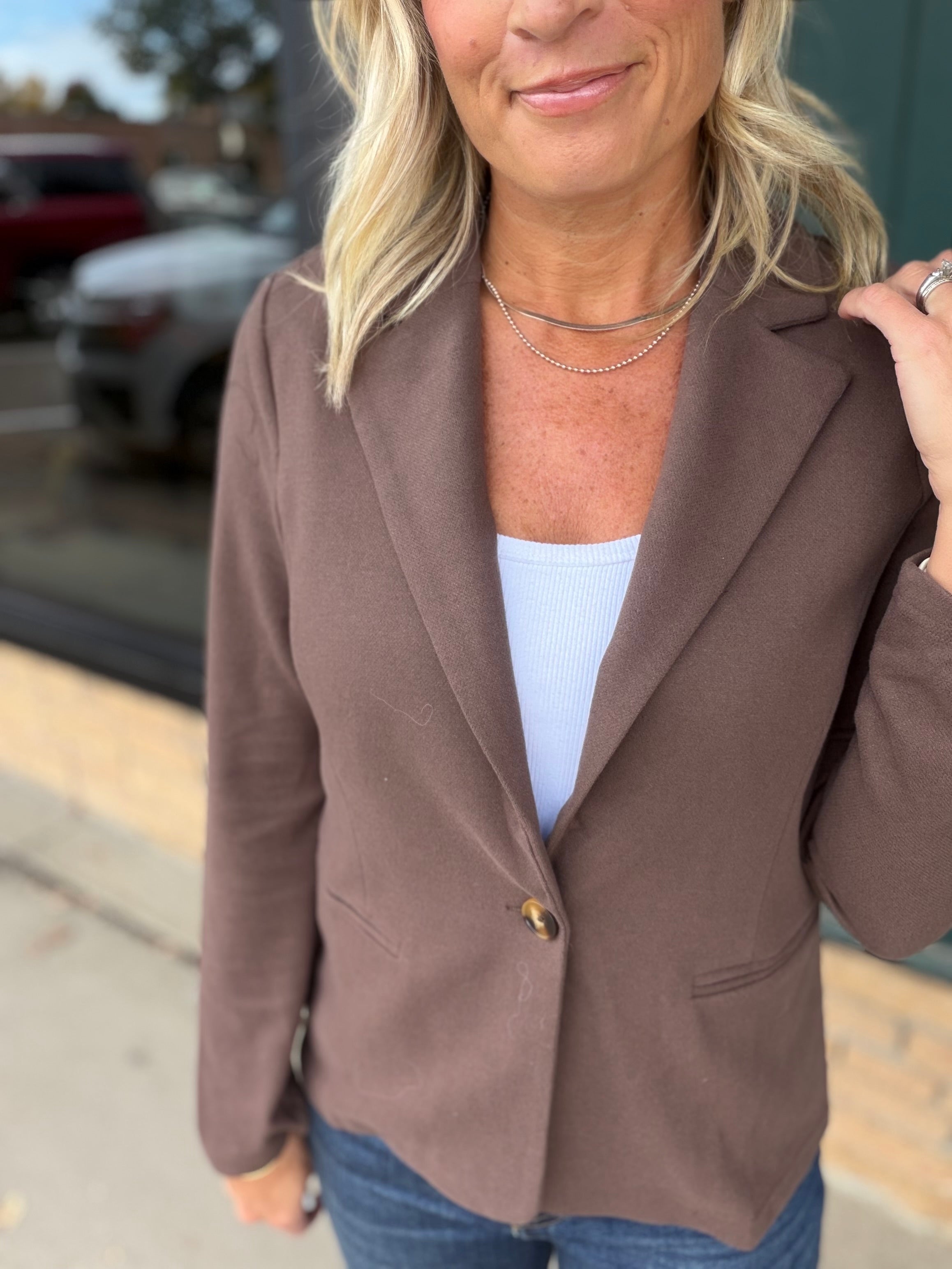 Brown Knit Blazer Outerwear- Blazers DOE & RAE