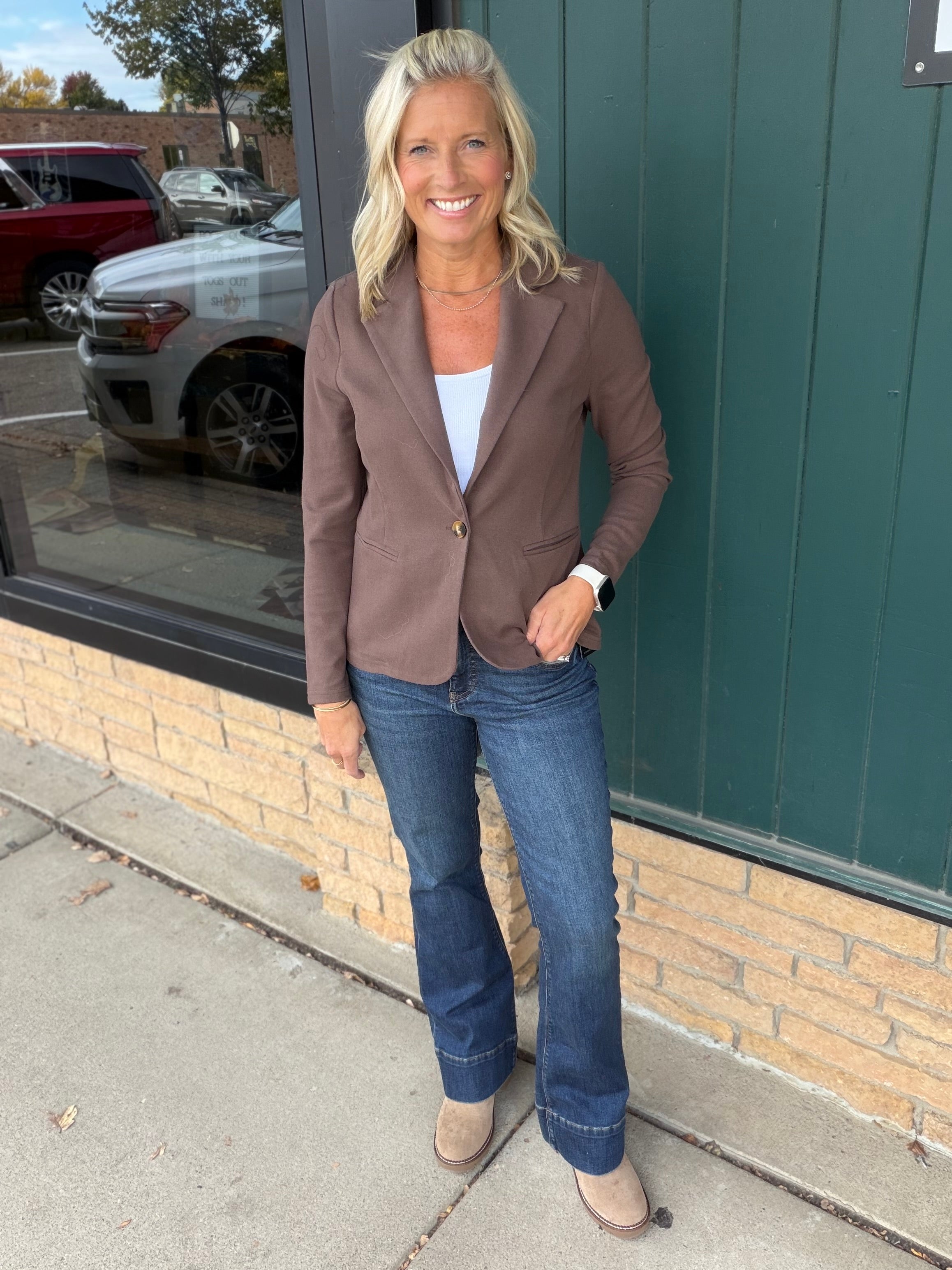Brown Knit Blazer Outerwear- Blazers DOE & RAE