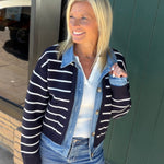 Navy Stripe Knit & Denim Cardigan Tops- Cardigans Mable